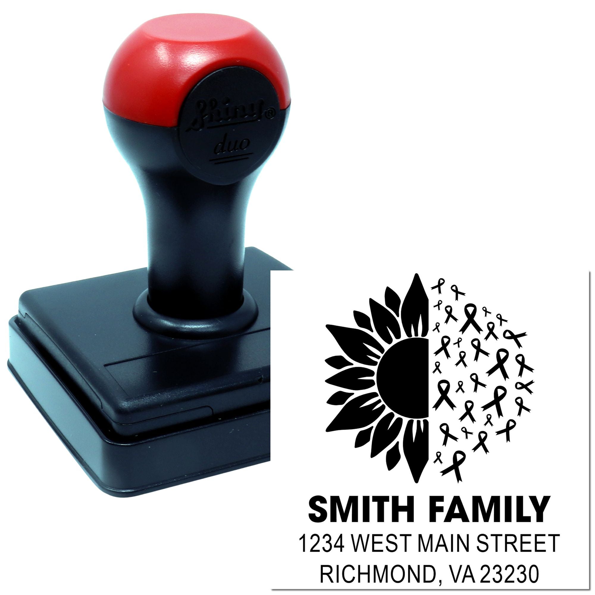 Custom self-inking rubber address stamp with sunflower awareness ribbon design for Smith Family return mail.
