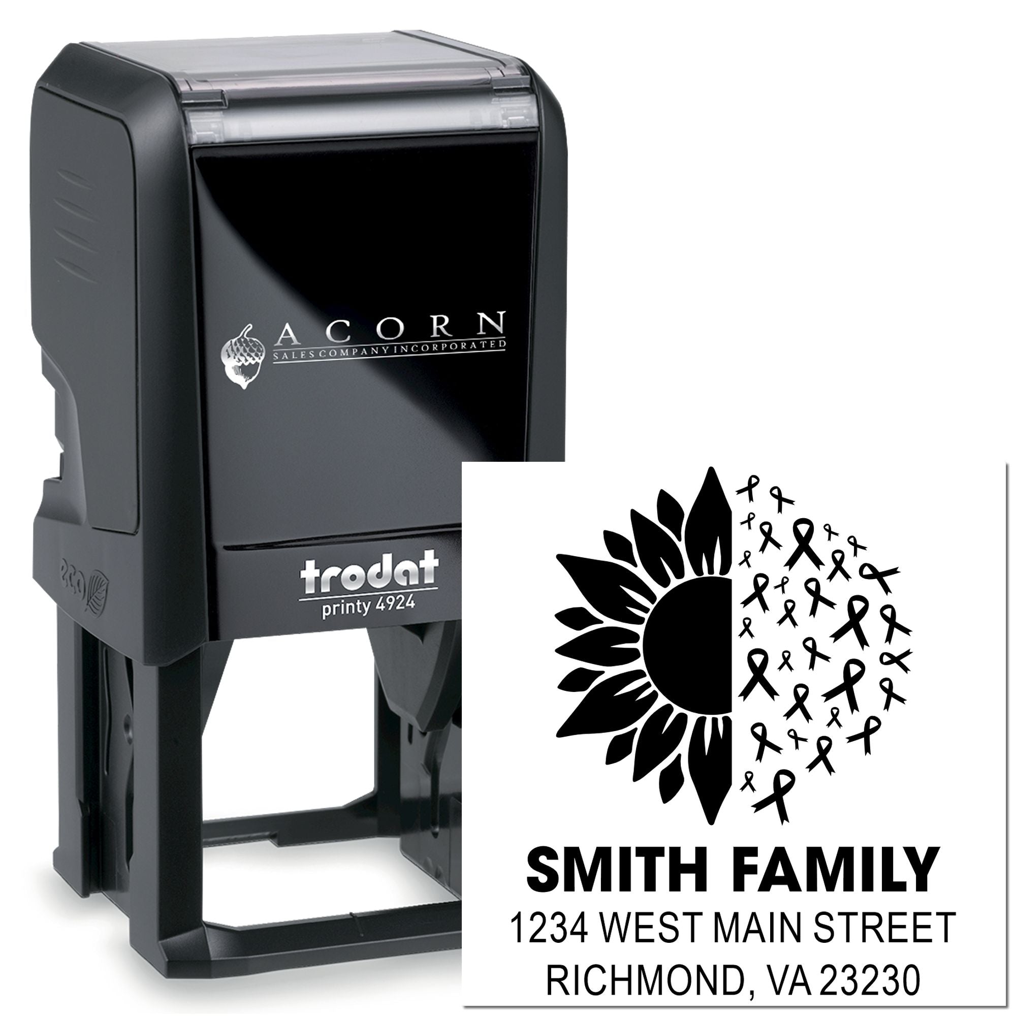 Trodat self-inking rubber address stamp with sunflower ribbon design and Smith Family mailing address imprint