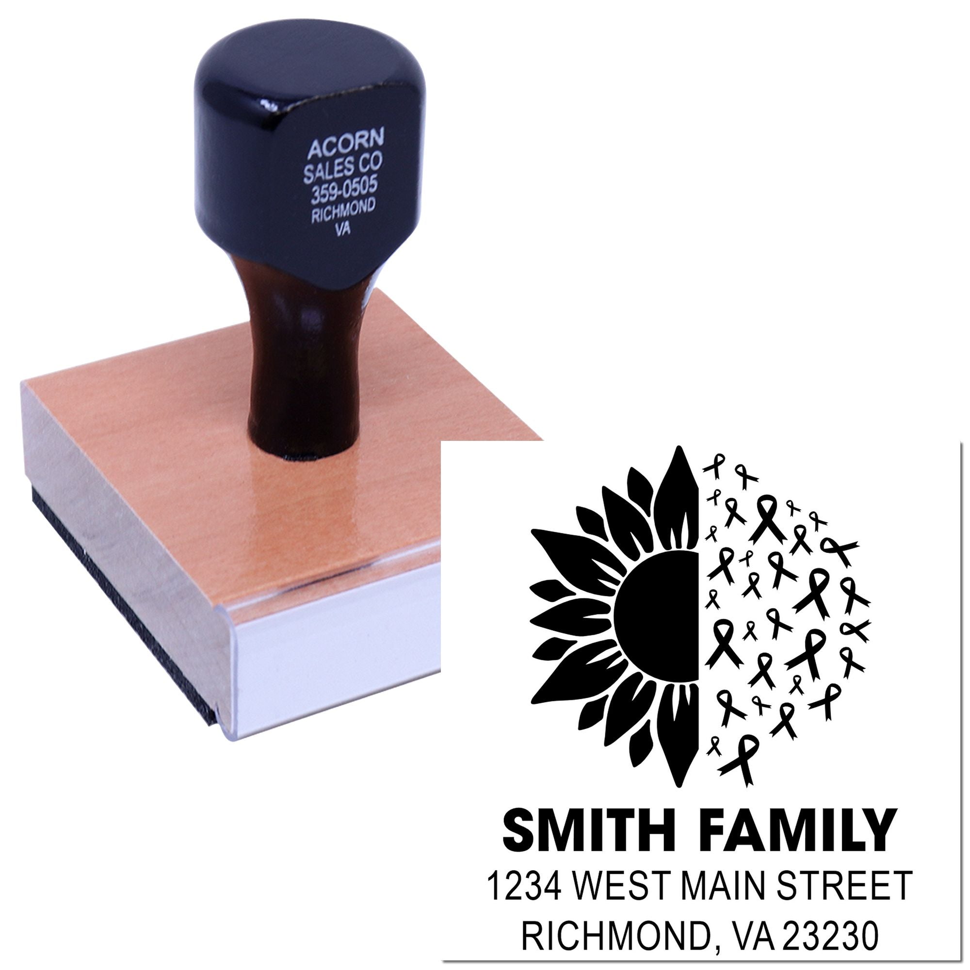 Custom rubber stamp with sunflower and ribbon awareness design for family return address and cancer support mailings.