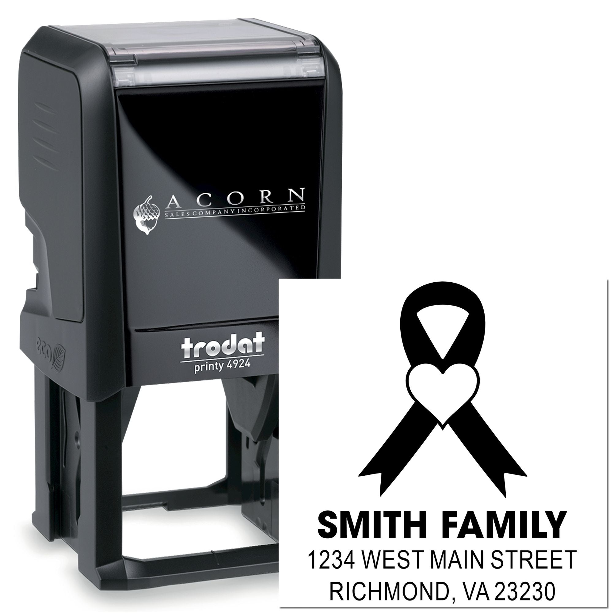 Personalized self-inking rubber address stamp with custom family logo, Trodat Printy 4924 design.