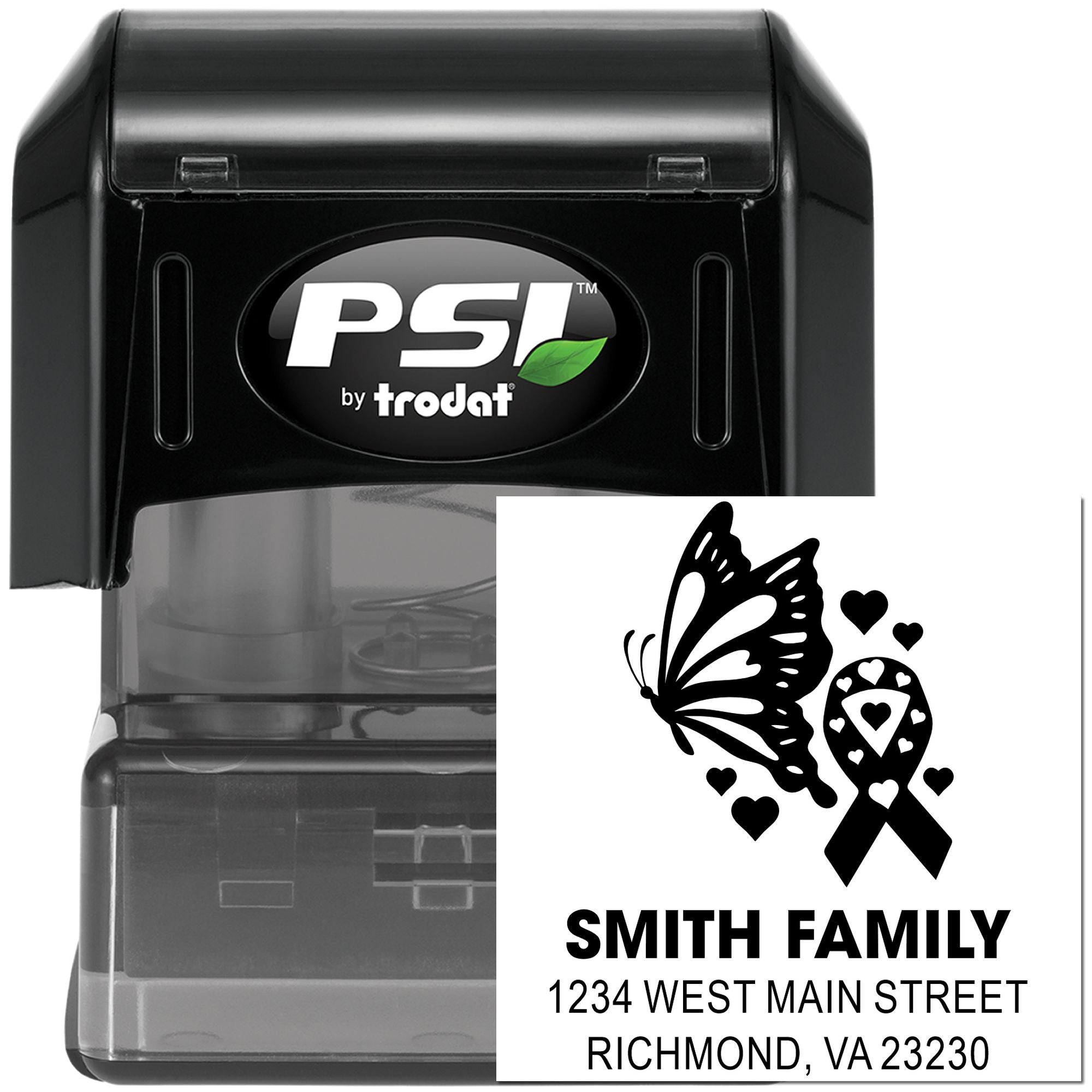 Custom self-inking address rubber stamp with butterfly ribbon design for family mailings and return addresses.