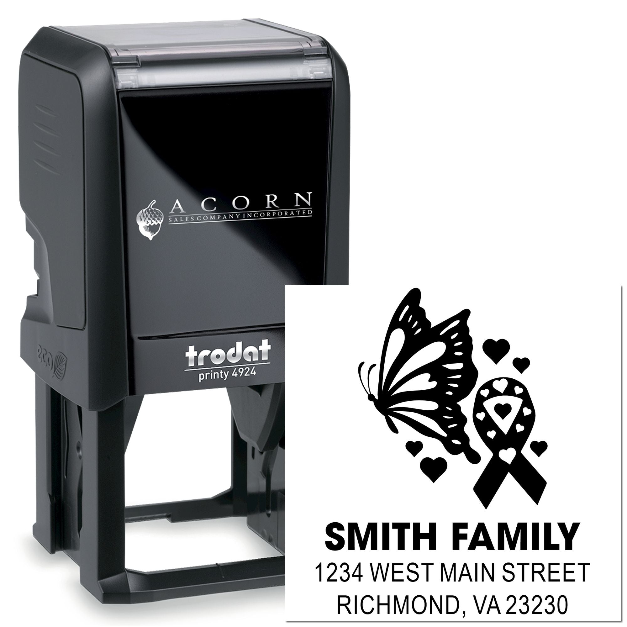 Custom self-inking return address rubber stamp with butterfly ribbon design, Smith Family address, Trodat Printy 4924
