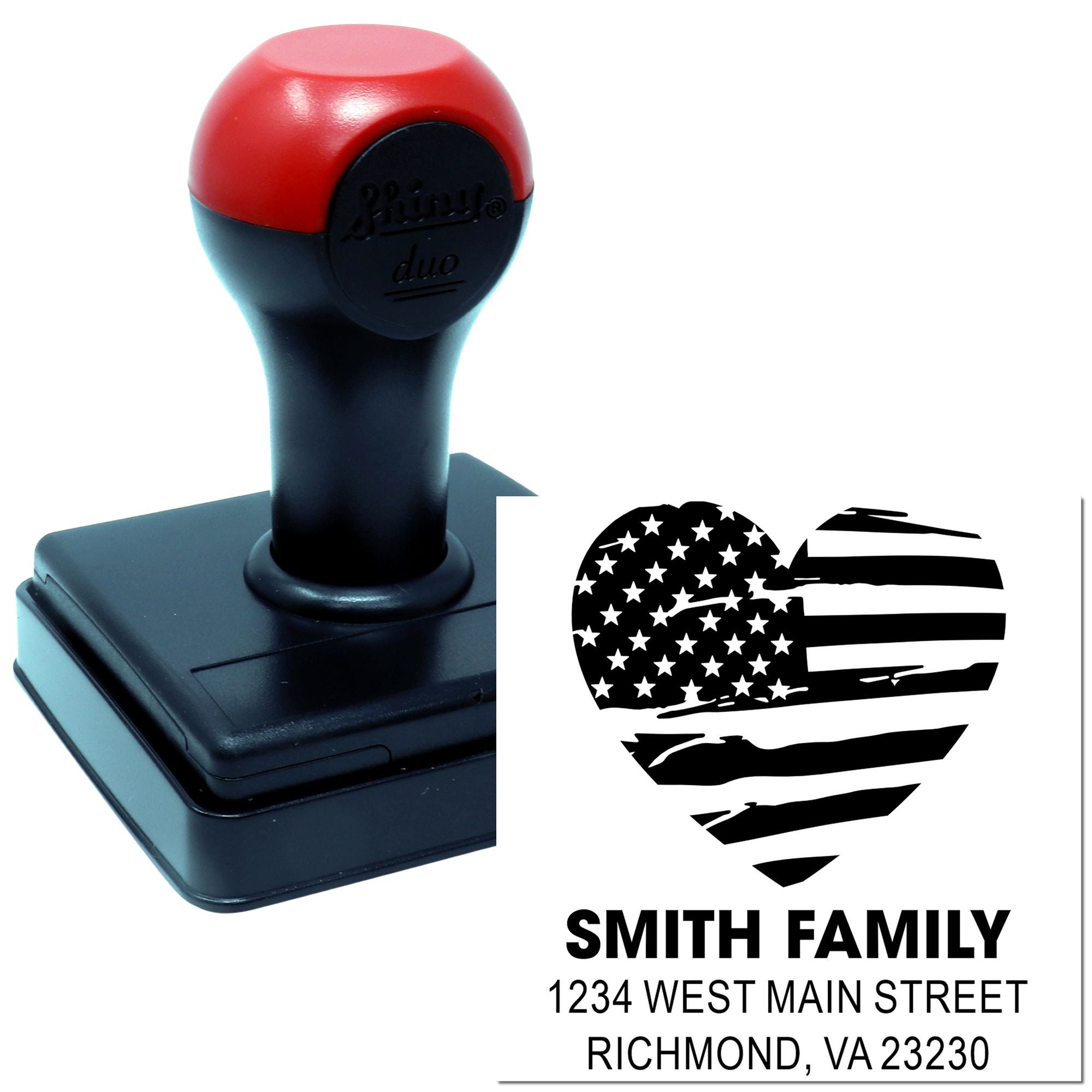 Custom rubber stamp with patriotic heart flag design for Smith Family address labels and return mail imprint.
