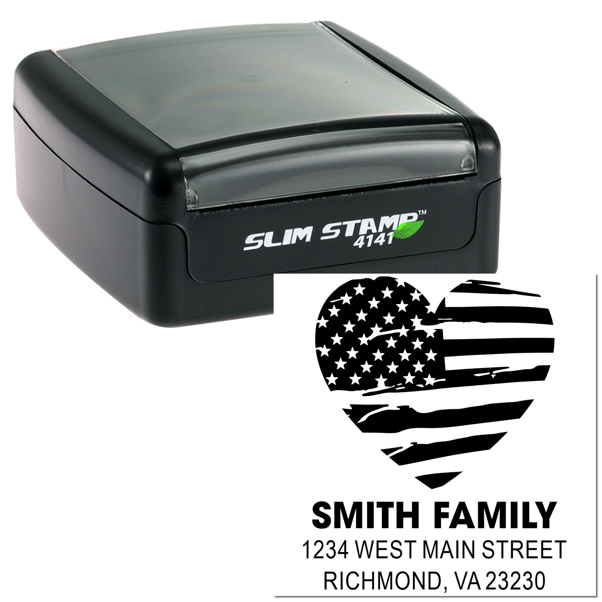 Custom Slim Stamp 4141 address rubber stamp with patriotic heart flag design for Smith Family personalized return address use.