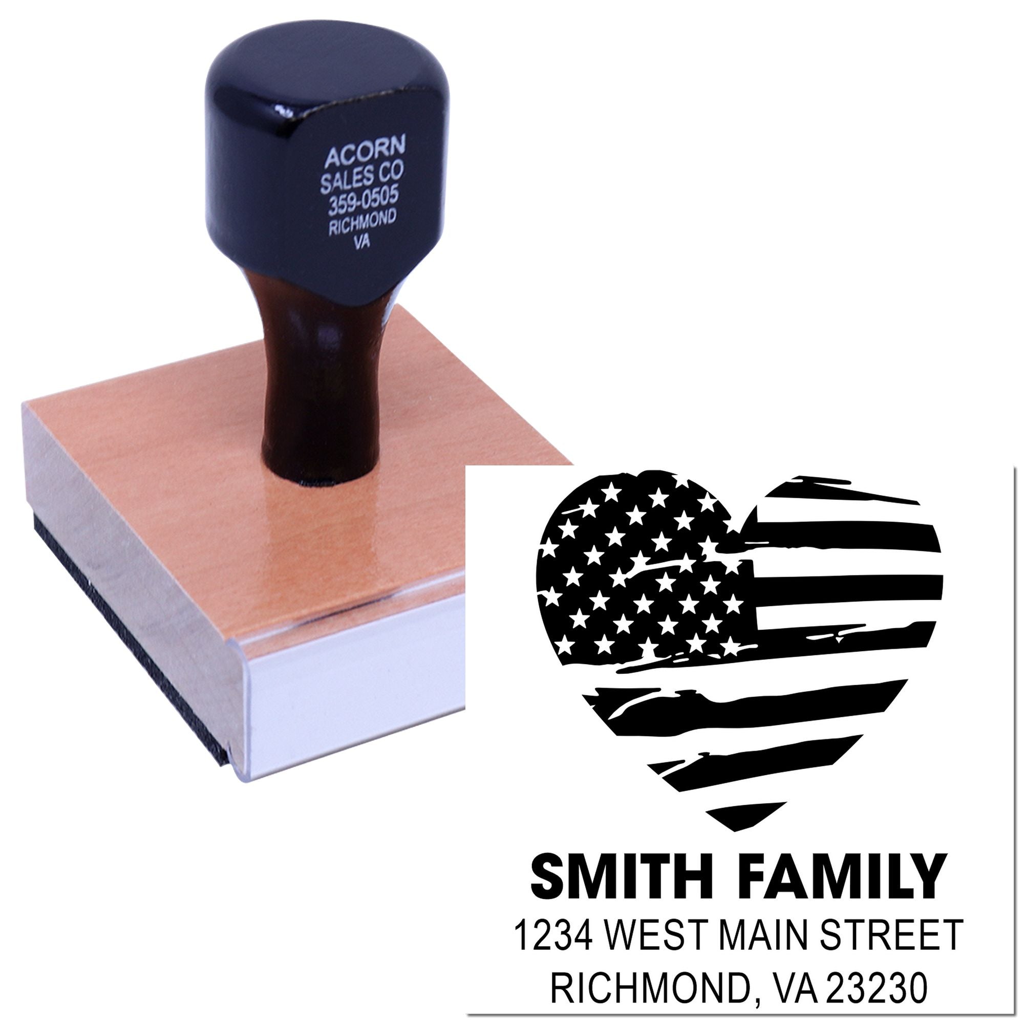 Custom patriotic return address rubber stamp with American flag design and family name for envelopes.