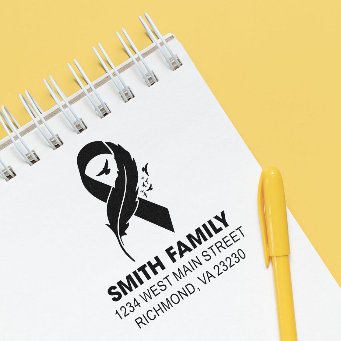 Personalized return address rubber stamp with awareness ribbon logo, Smith Family name, and Richmond, VA address.