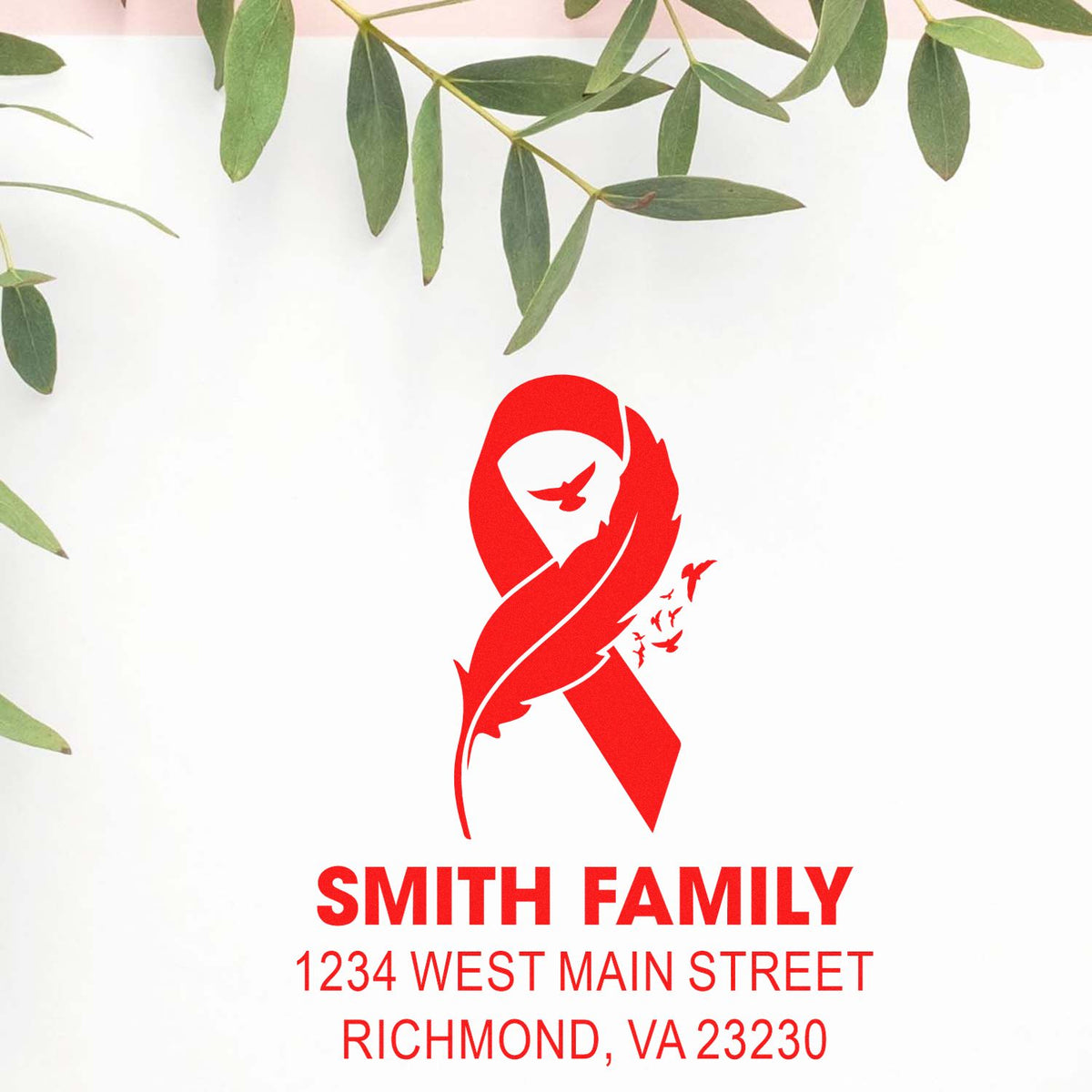 Personalized return address rubber stamp with red ribbon design for Smith Family, 1234 West Main Street, Richmond, VA 23230