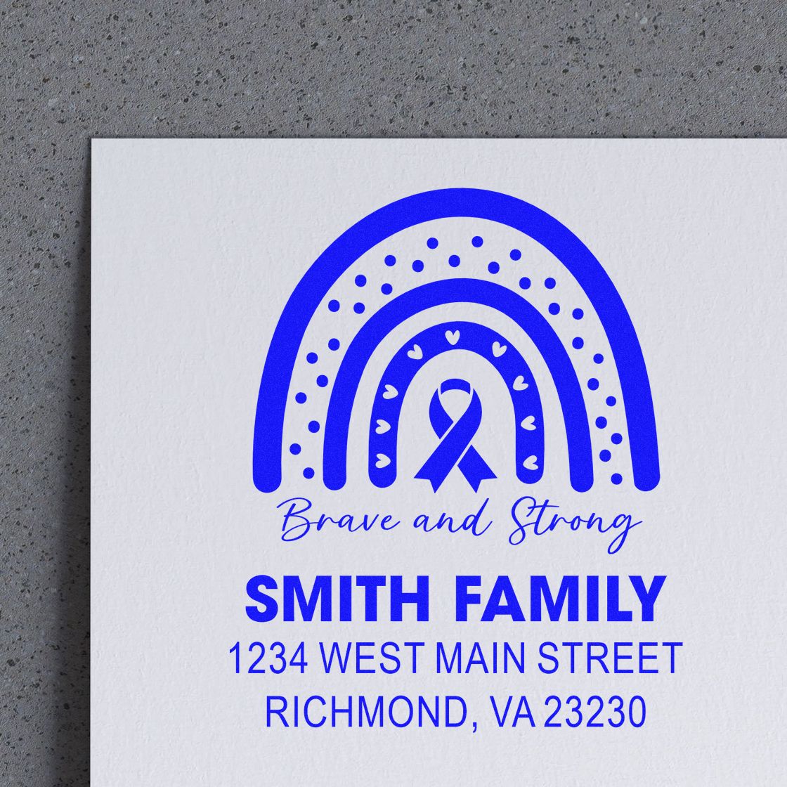Custom rubber stamp design with rainbow ribbon and Brave and Strong for Smith Family address labels and awareness cards.