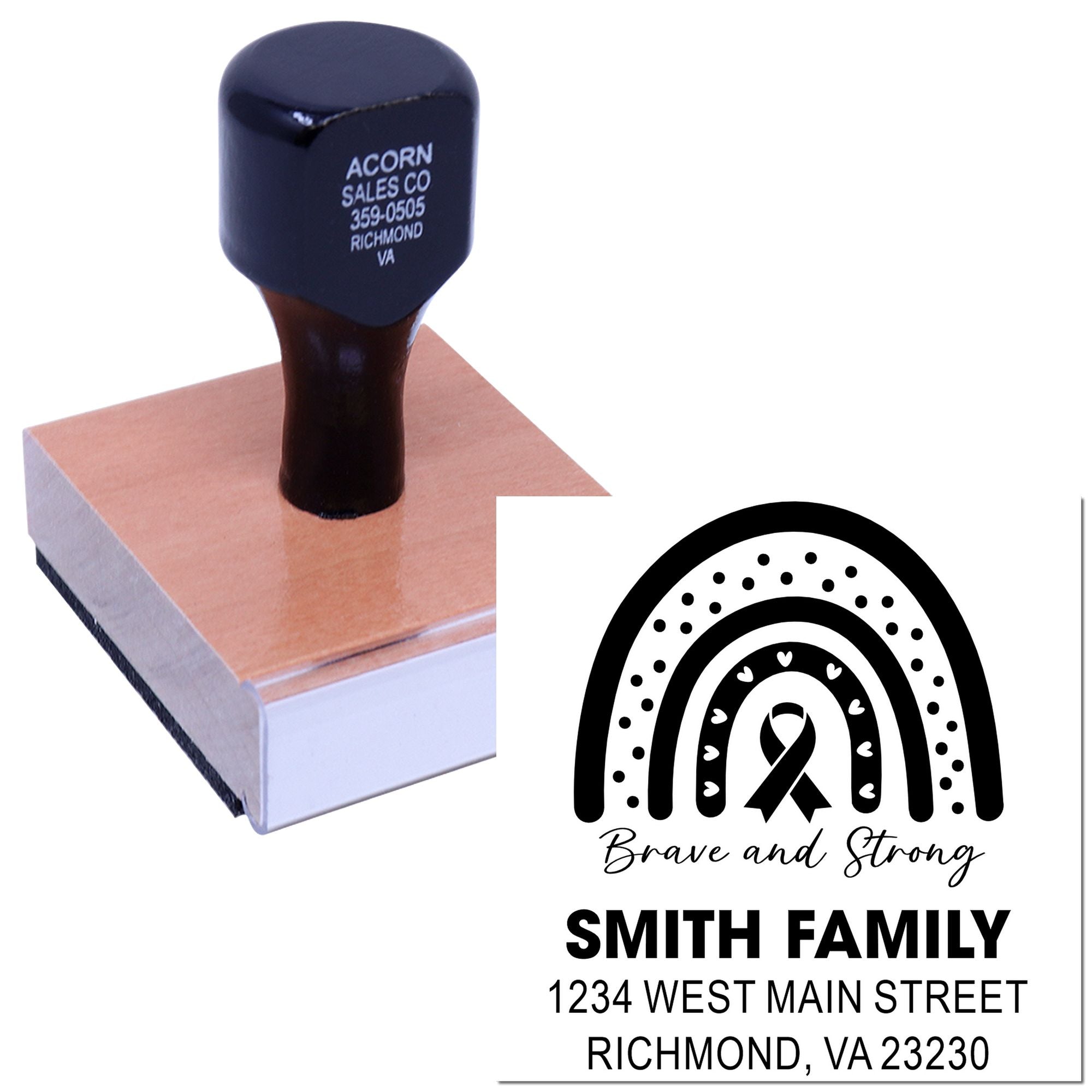 Custom address rubber stamp with Brave and Strong ribbon design for Smith Family in Richmond, VA.