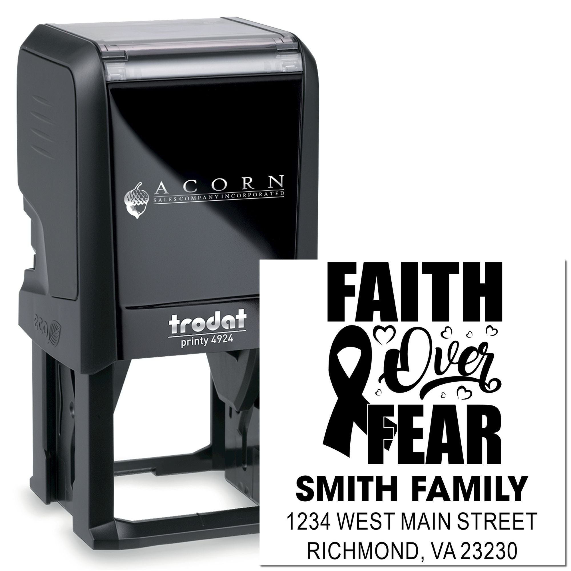 Custom self-inking rubber stamp with Faith Over Fear design, Smith family name, and address for personalized mailing use.