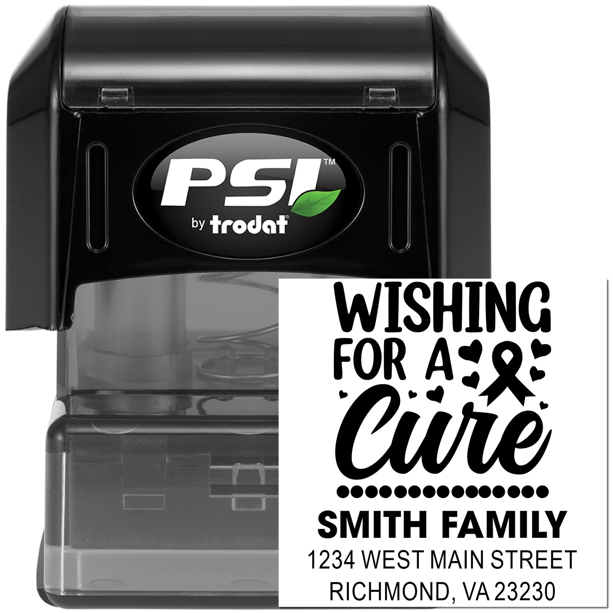 Custom PSI by Trodat rubber stamp with Wishing for a Cure cancer awareness design and Smith Family return address.
