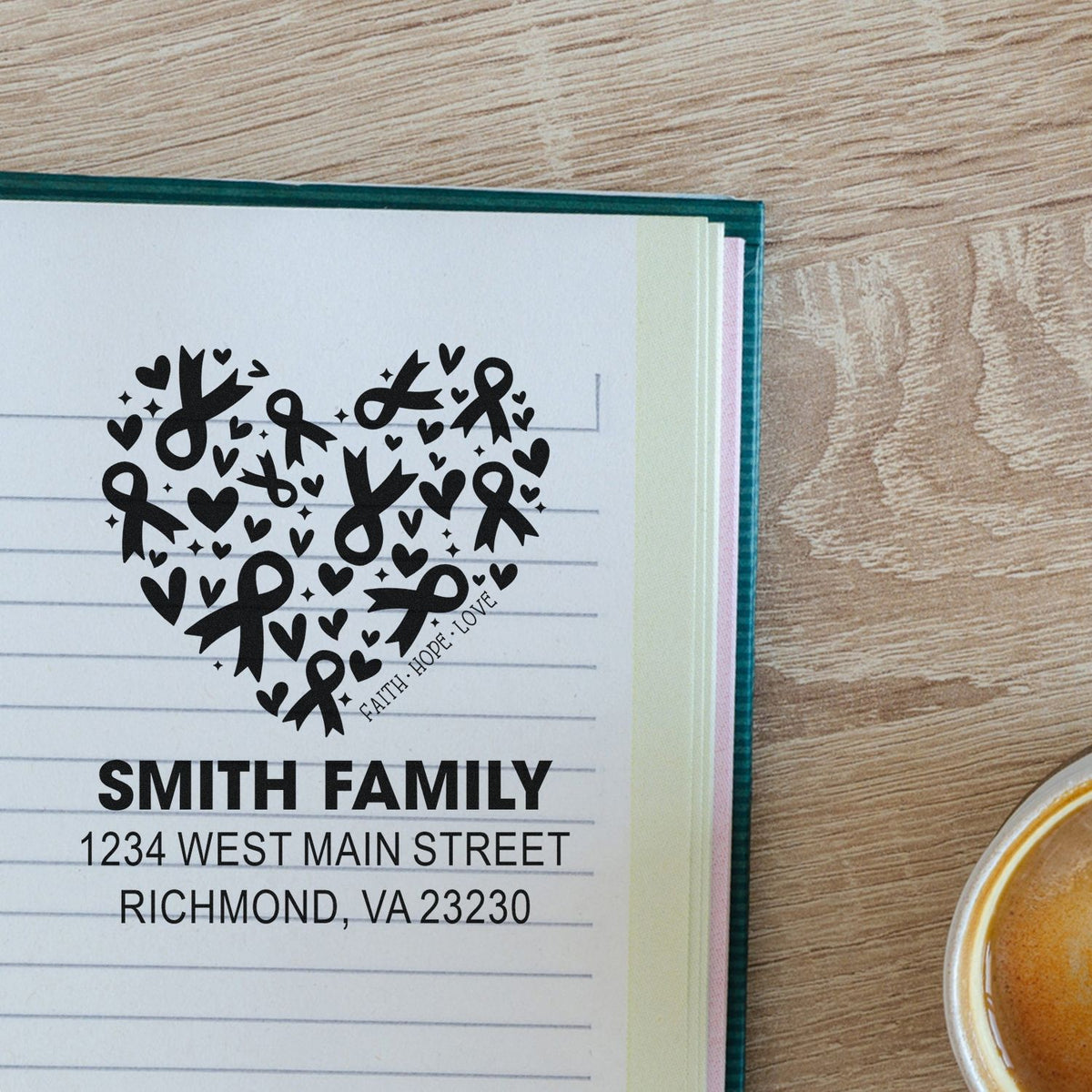 Custom rubber return address stamp with heart ribbon design for Smith family mail, cards and wedding stationery.