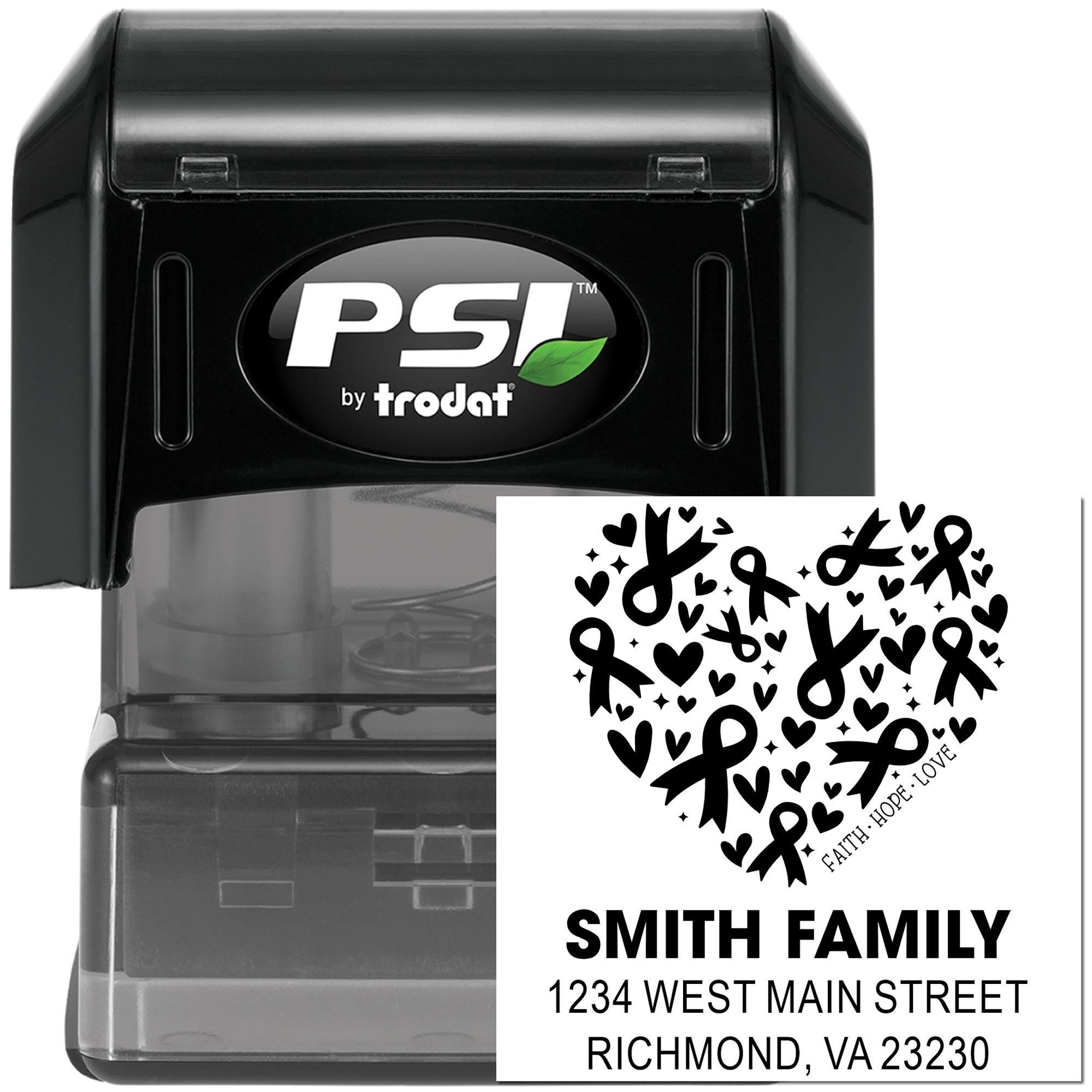 Custom PSI by Trodat self-inking rubber stamp with heart ribbon design and personalized Smith family address return address imprint.