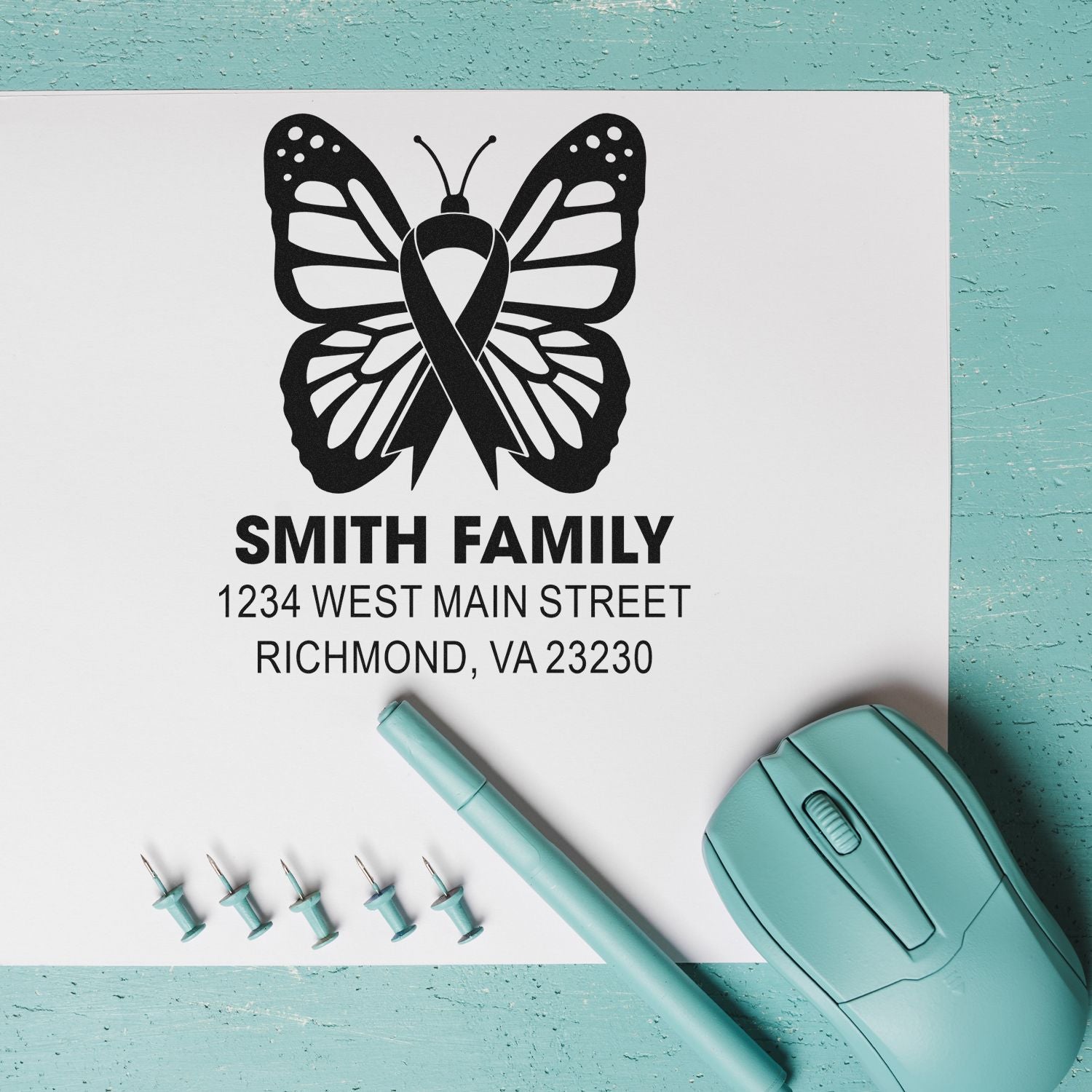Personalized butterfly family address rubber stamp with awareness ribbon, Smith Family return address, Richmond, VA.