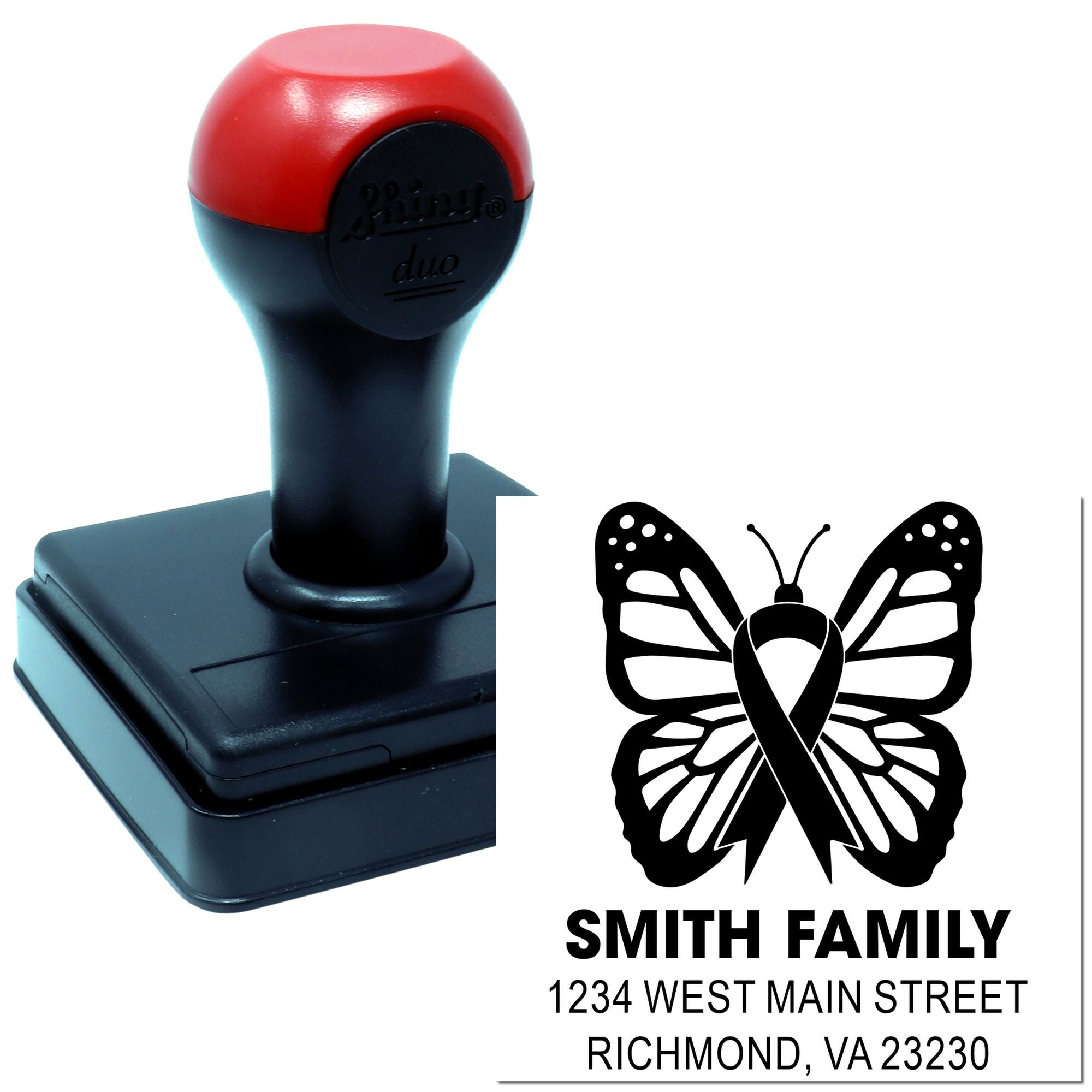 Custom self-inking rubber stamp with butterfly awareness ribbon and personalized return address imprint for family mail.