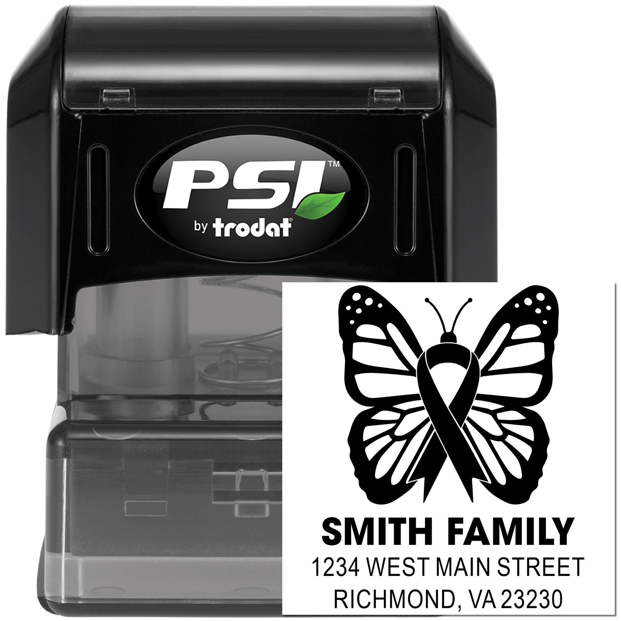 Personalized self-inking rubber stamp with butterfly ribbon design for custom family address and mailing labels.