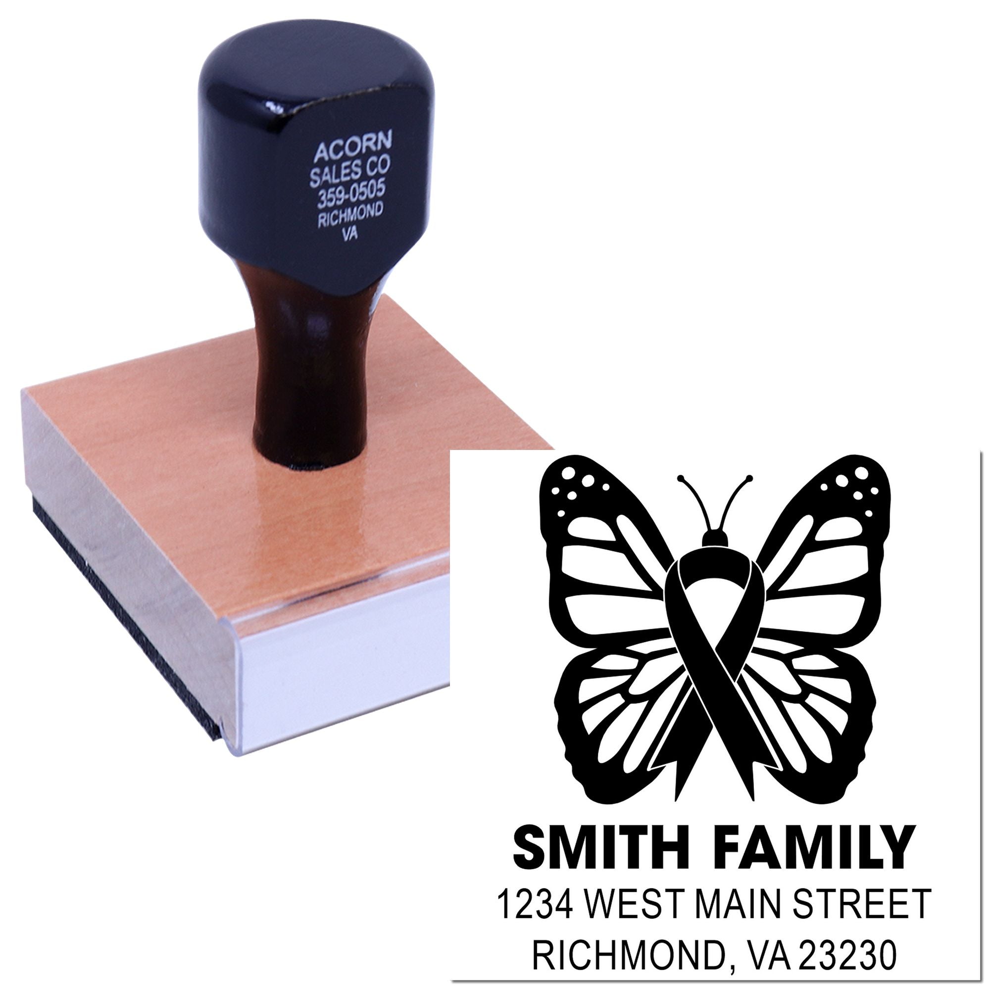 Custom rubber address stamp with butterfly ribbon logo for Smith Family, Richmond, VA return address imprint