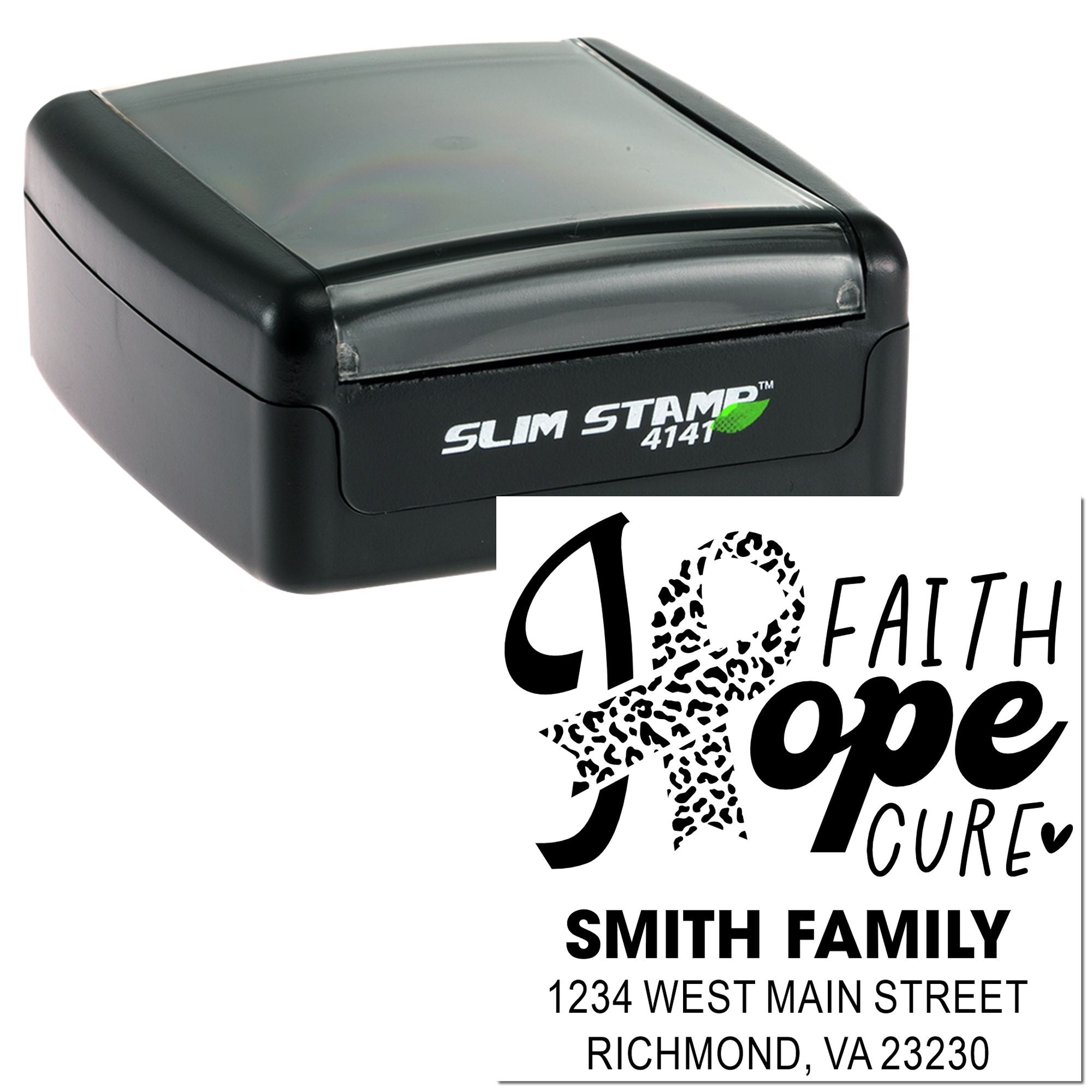 Custom self-inking rubber stamp with breast cancer awareness love faith hope cure design and Smith Family address