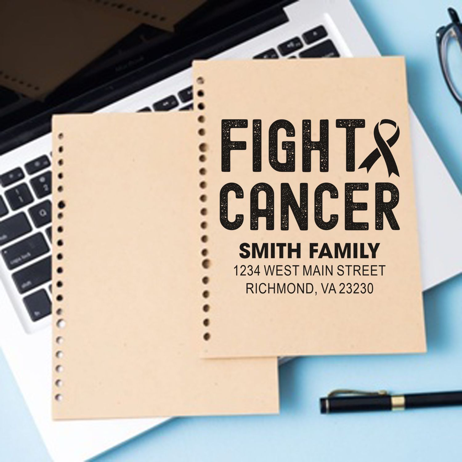 Personalized rubber stamp with Fight Cancer ribbon and Smith family return address for cancer awareness.
