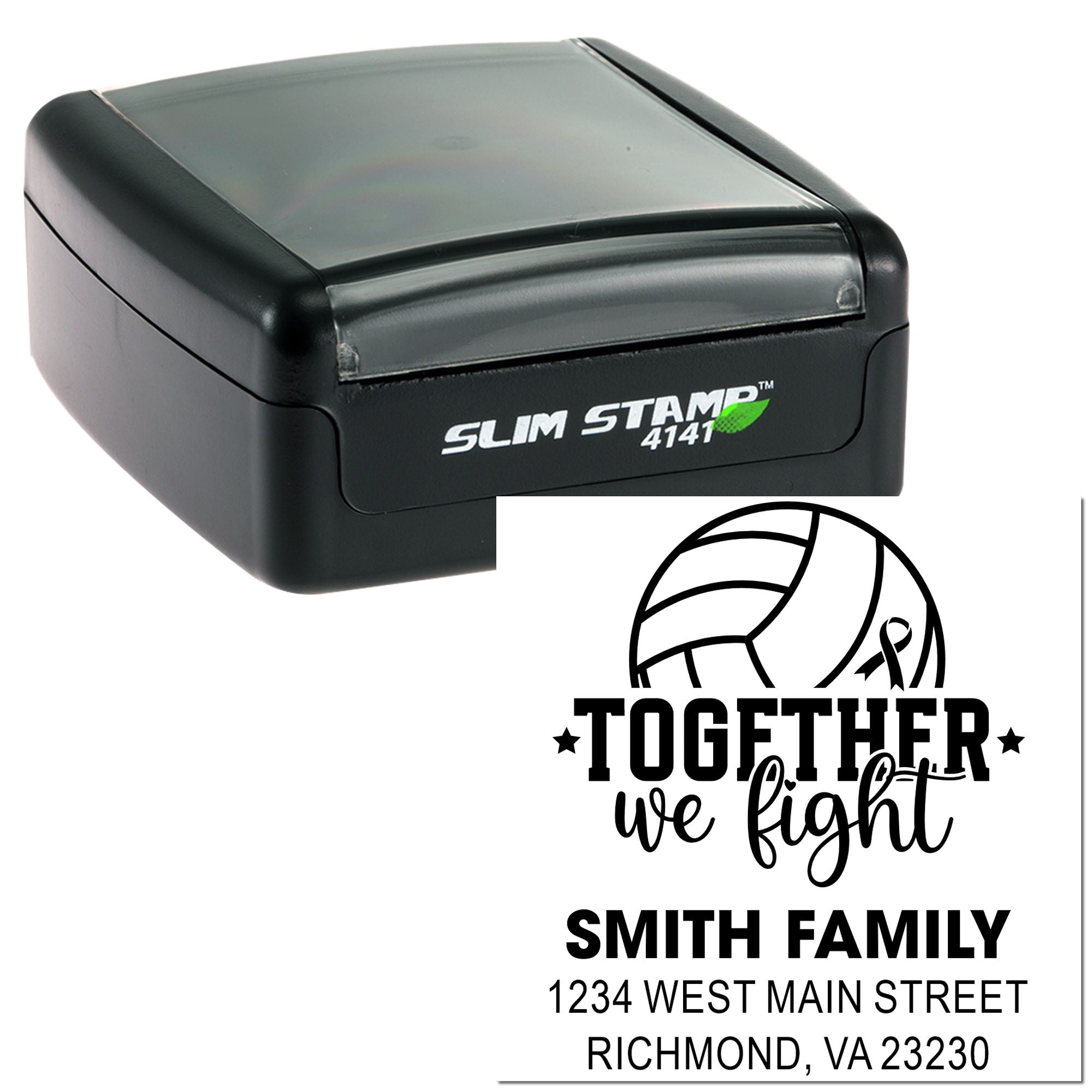 Custom self-inking rubber stamp for volleyball fundraising, featuring Together We Fight and Smith Family address.