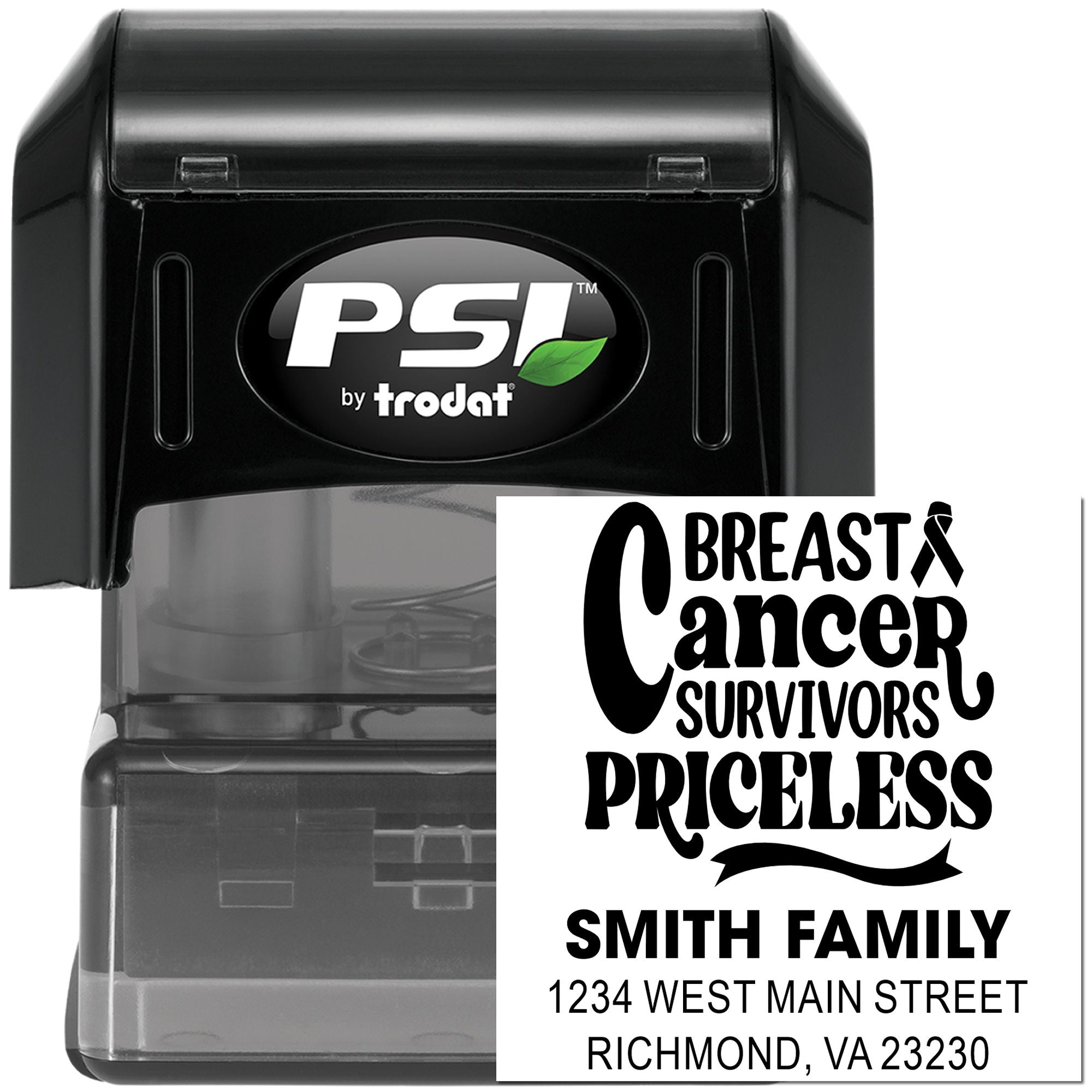 Custom self-inking rubber stamp for Breast Cancer Survivors, personalized with Smith family name and address by PSI/Trodat