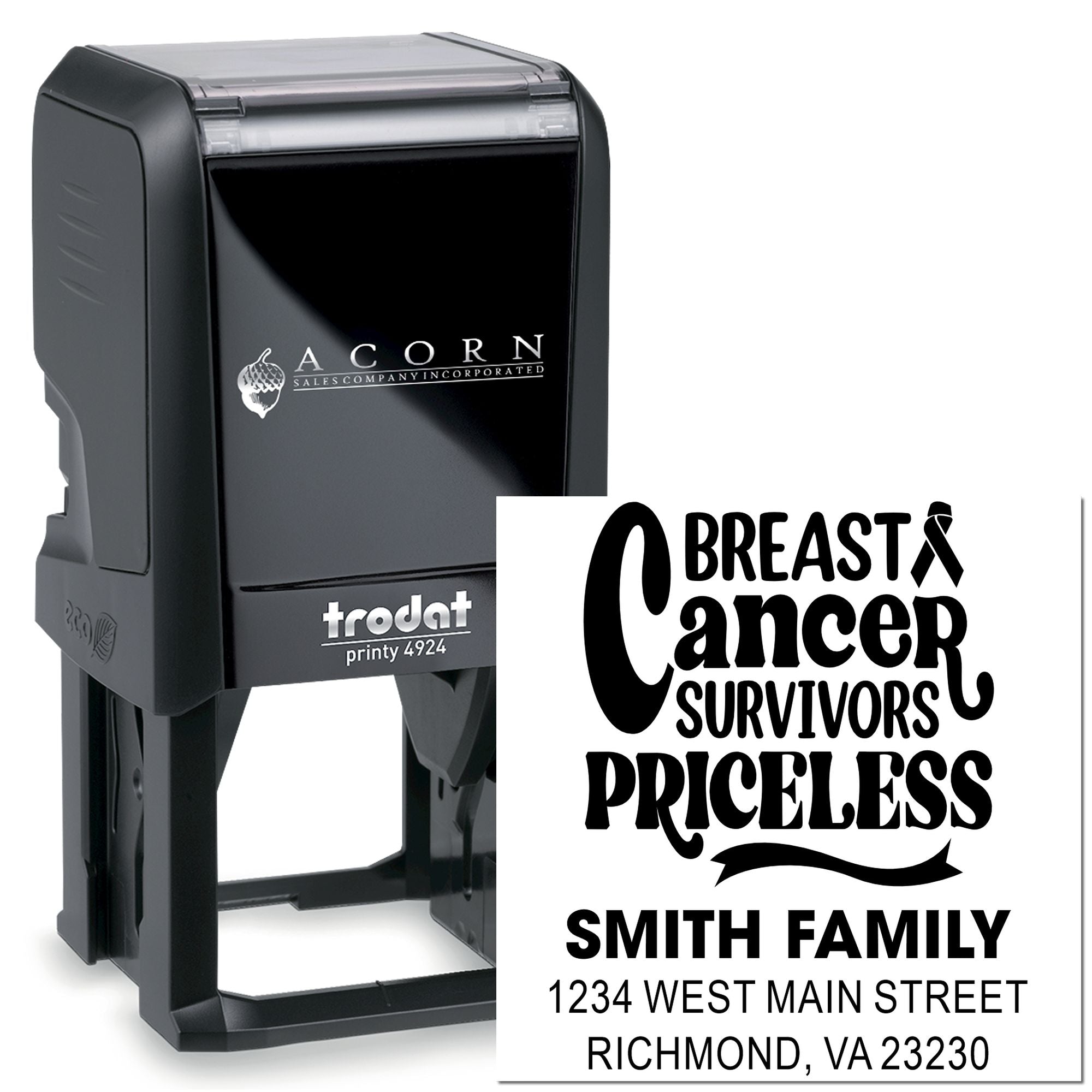 Self-inking rubber stamp with Breast Cancer Survivors Priceless design, Smith Family name, and address for custom mailings.