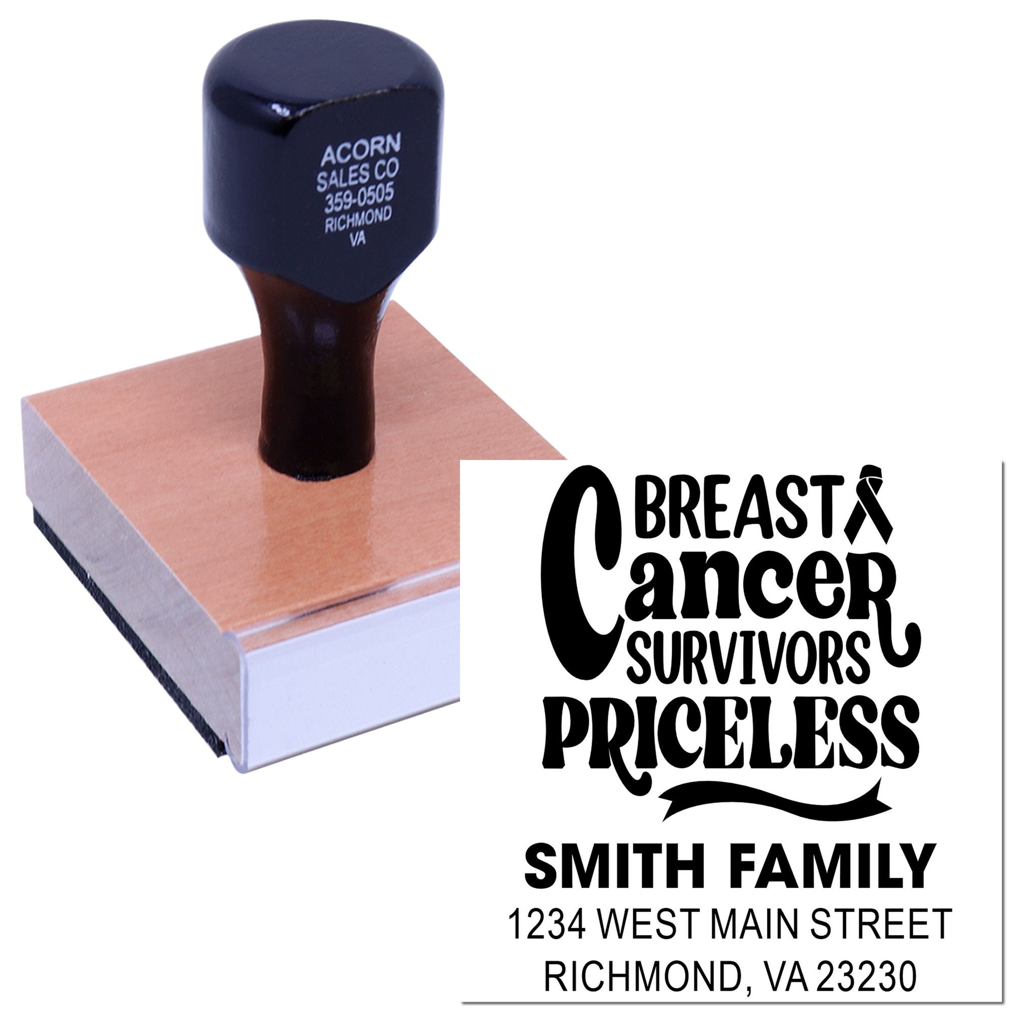 Personalized breast cancer survivors rubber stamp with family name and Richmond, VA address for awareness cards and mailings.