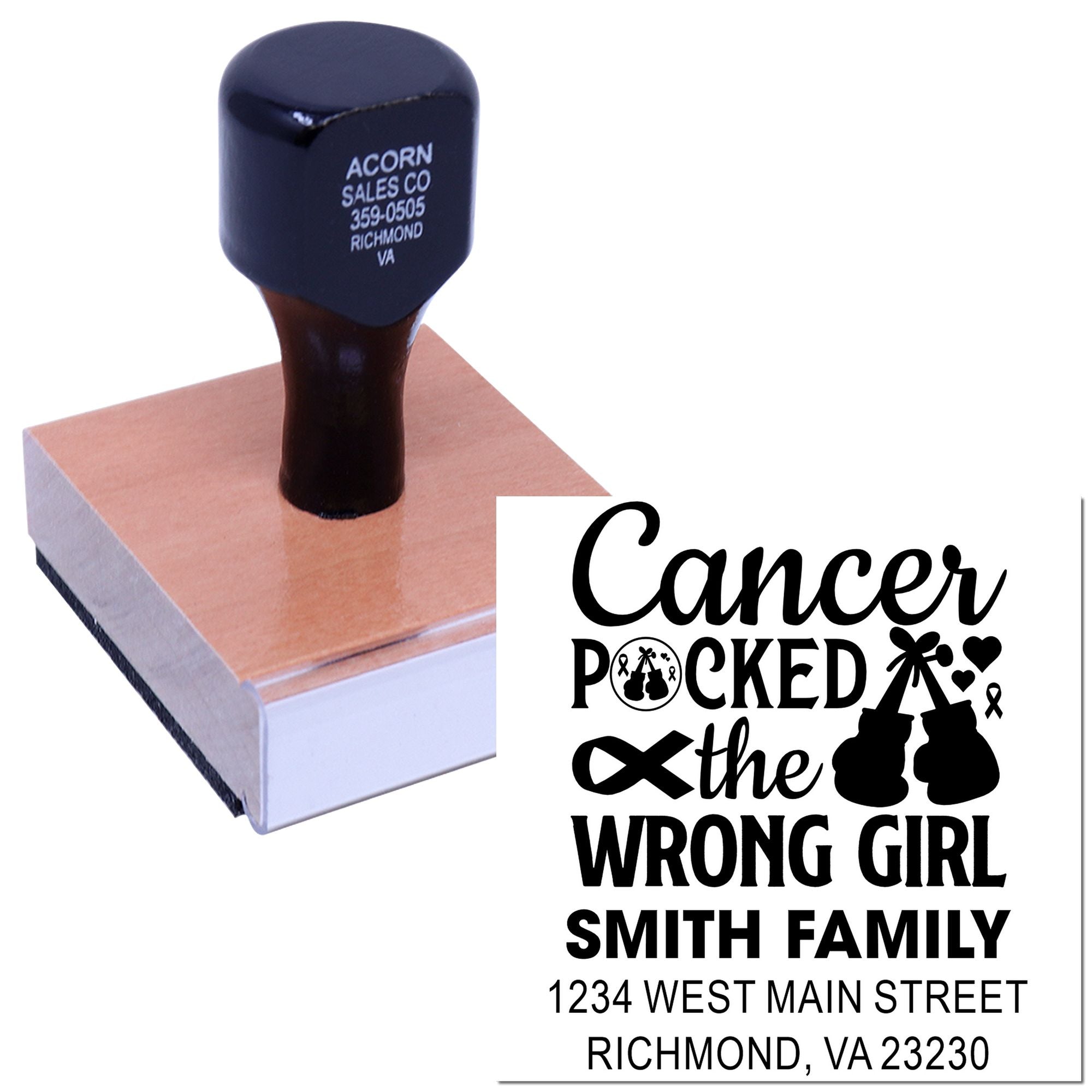 Custom cancer awareness rubber stamp with Cancer picked the wrong girl design and personalized family return address.