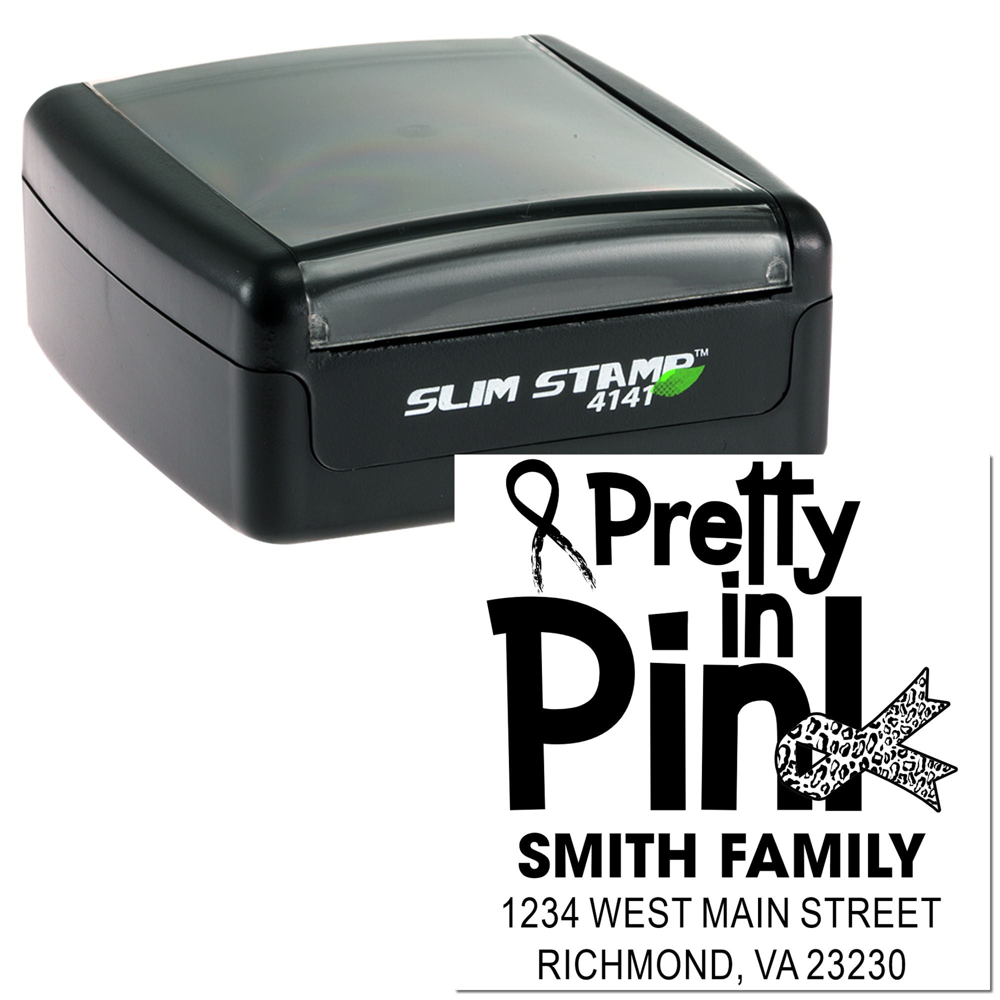 Personalized slim self-inking rubber stamp showing a custom return address stamp design for the Smith family with Pretty in Pink text.