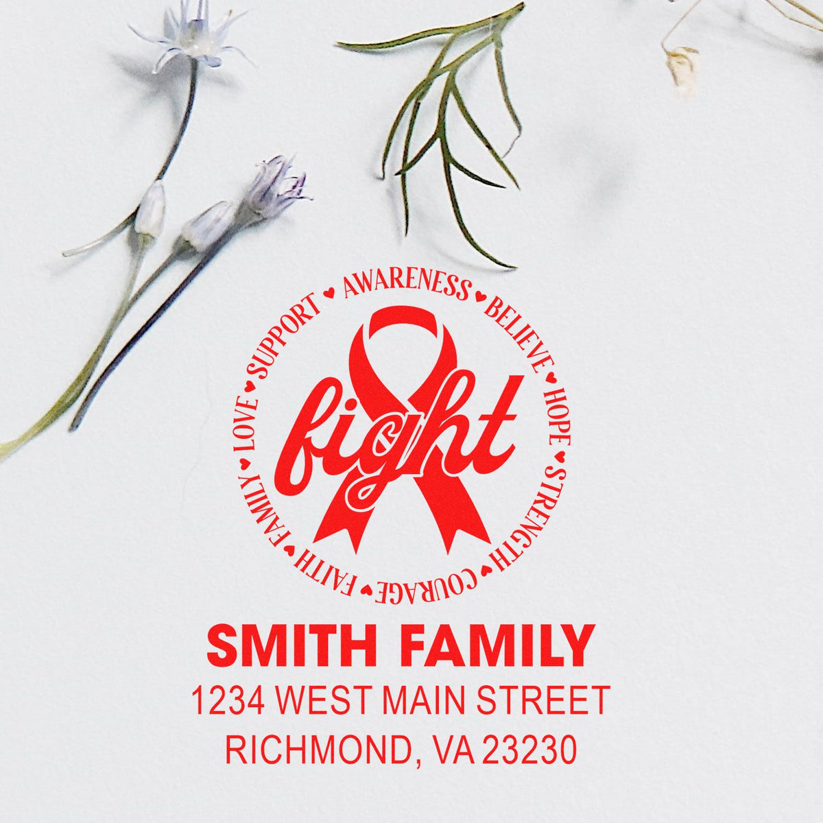 Custom awareness ribbon rubber stamp with Fight design, Smith Family name, and Richmond, VA address for support and advocacy.