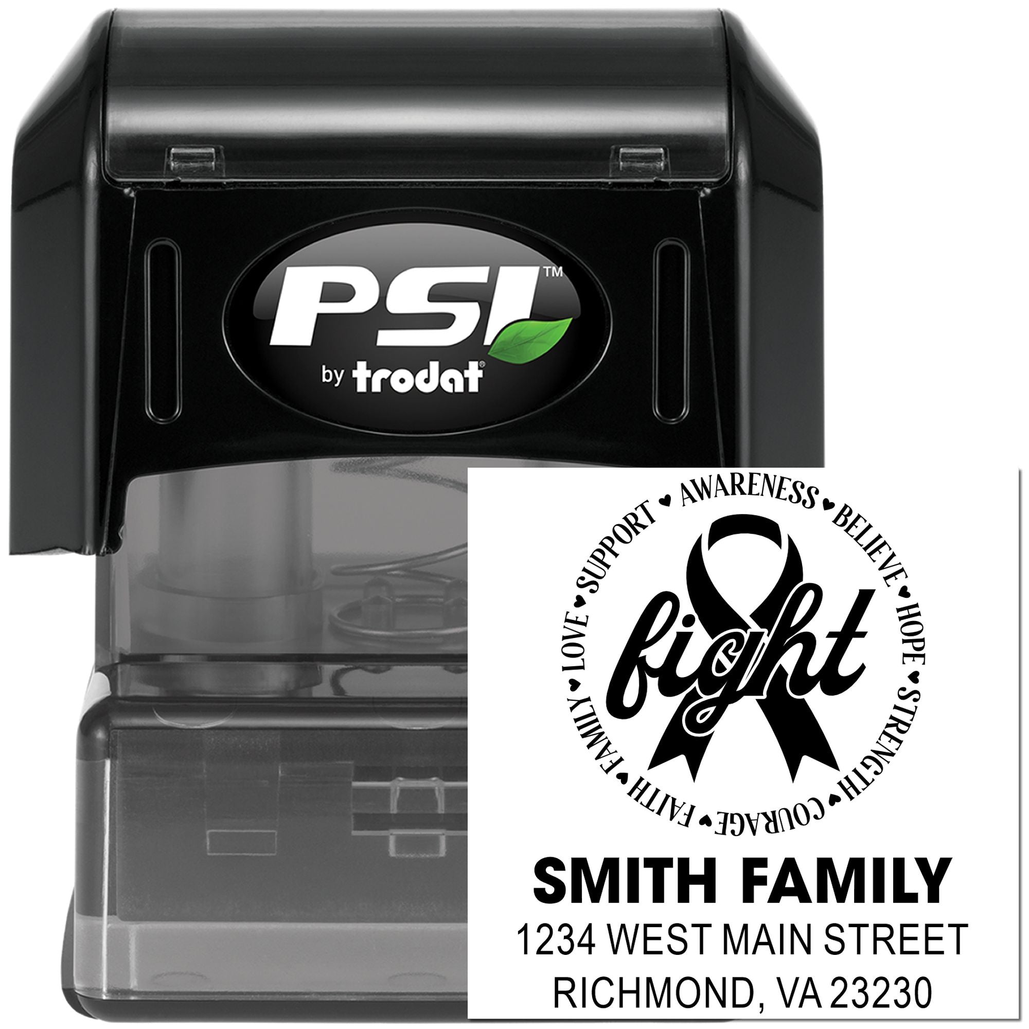 Custom PSI by Trodat rubber stamp with breast cancer awareness ribbon and Smith Family address imprint