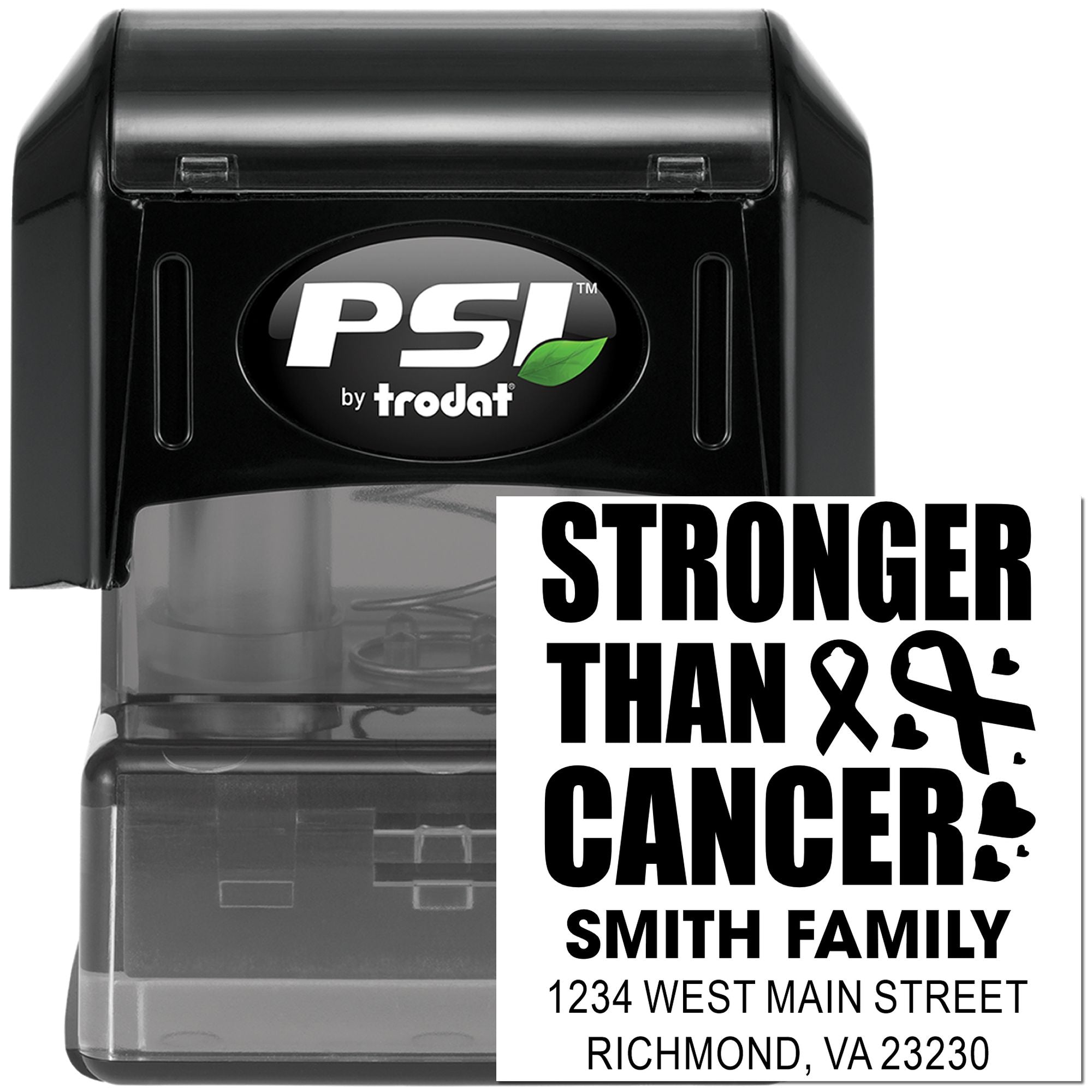 Custom self-inking rubber stamp by PSI Trodat with Stronger Than Cancer awareness design and return address text.