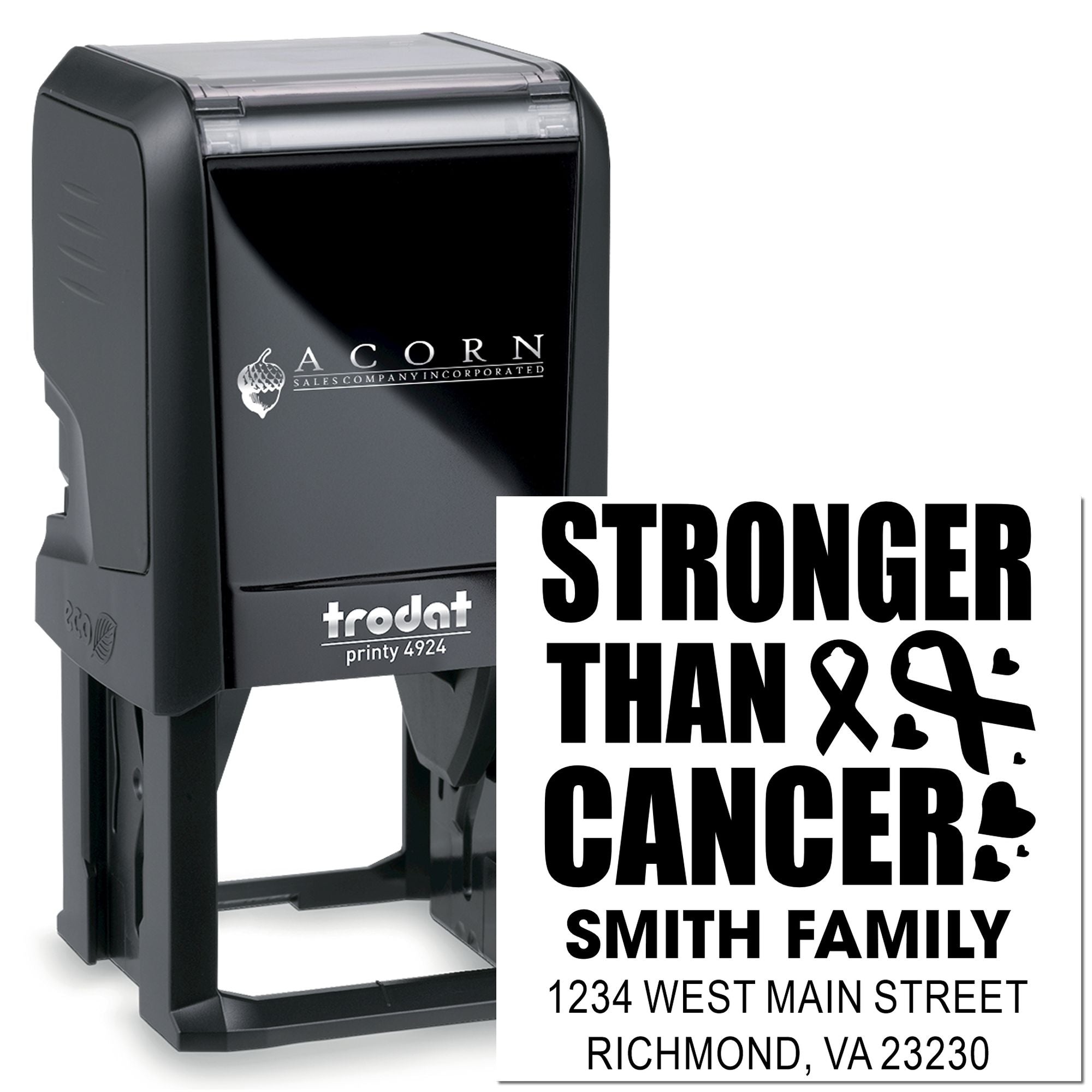 Custom self-inking rubber stamp for Stronger Than Cancer Smith family address design, ideal for cancer awareness campaigns.