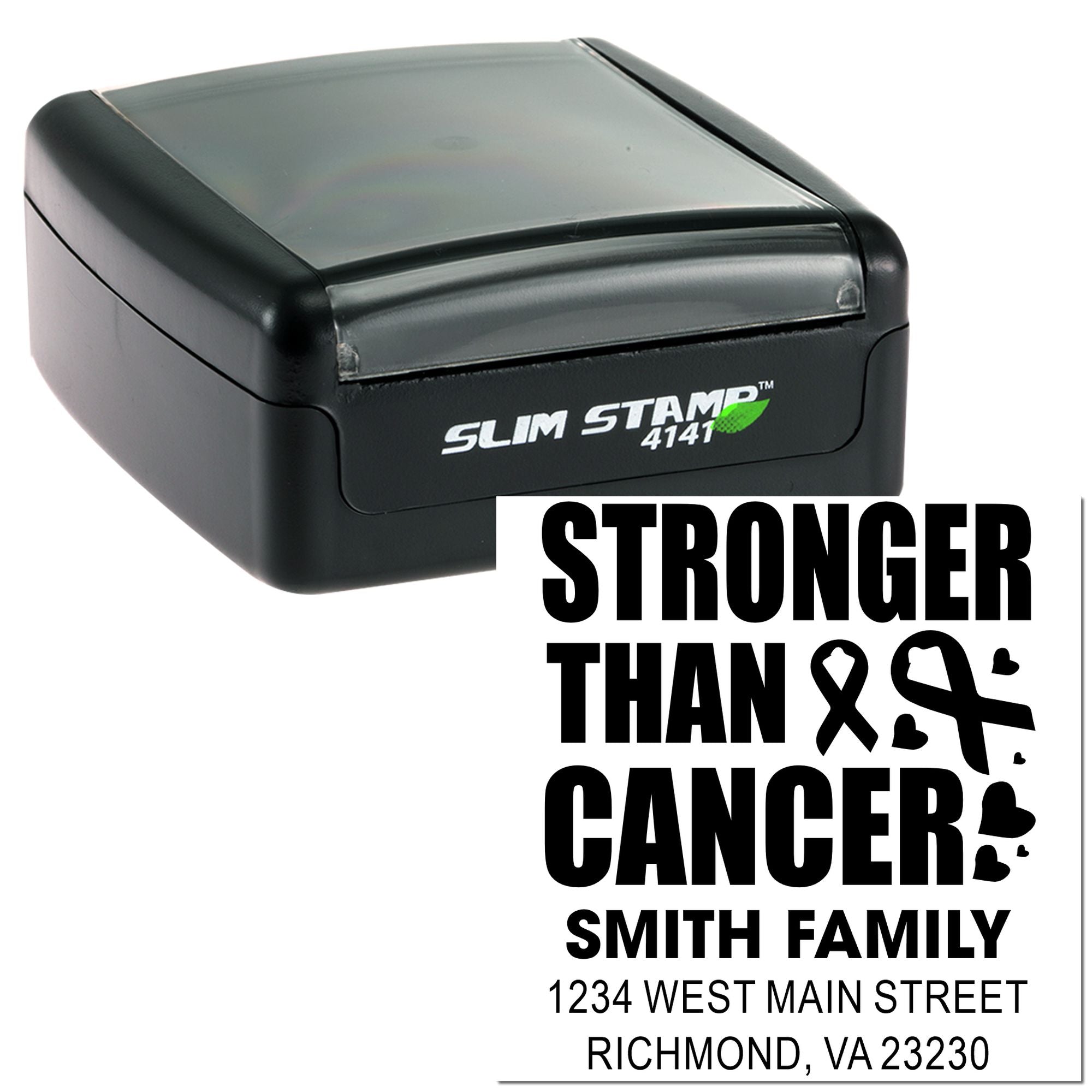 Custom self-inking rubber stamp with Stronger Than Cancer design and Smith family return address for personalized mailing imprint.