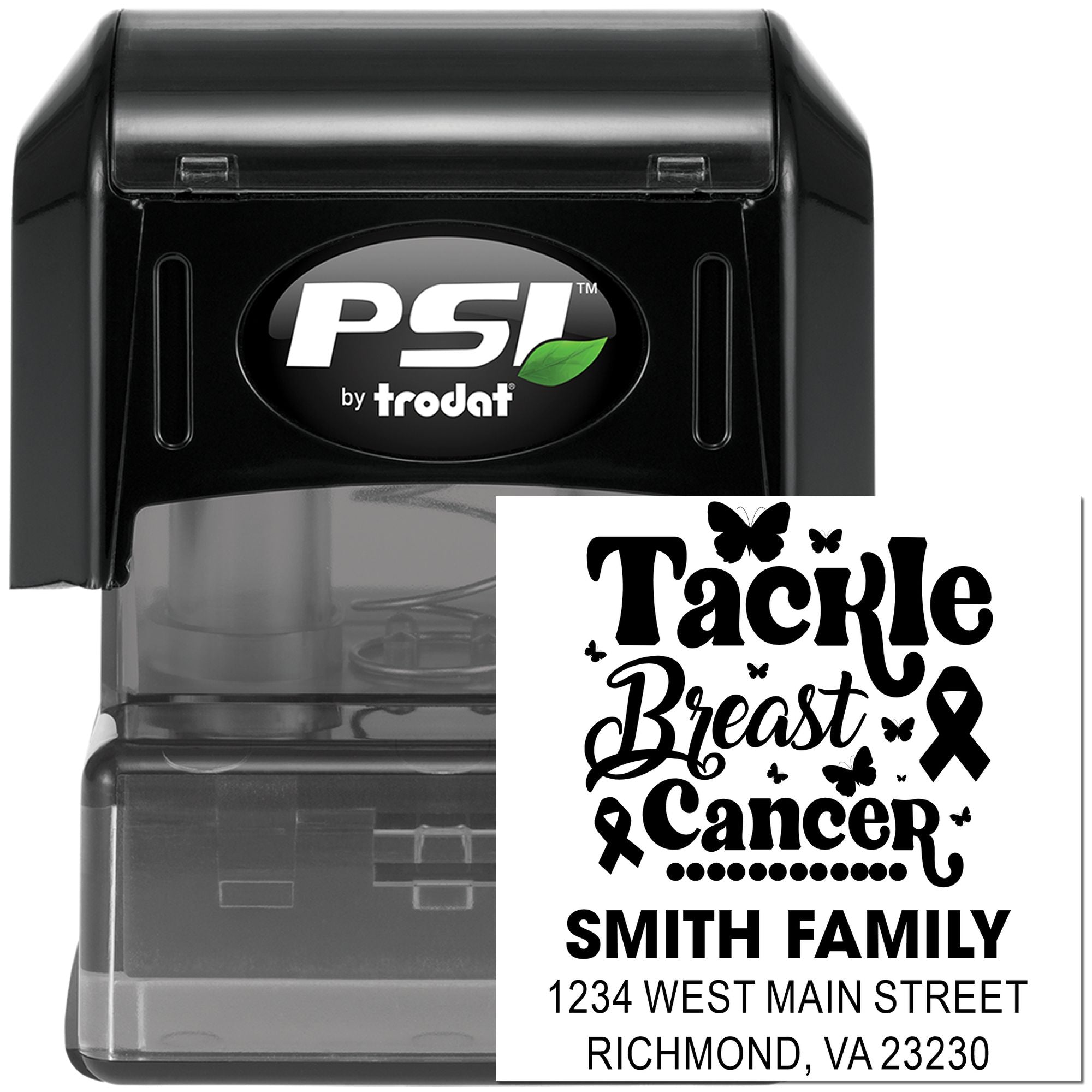 Custom self-inking PSI by Trodat rubber address stamp with breast cancer awareness design and Smith Family return address.