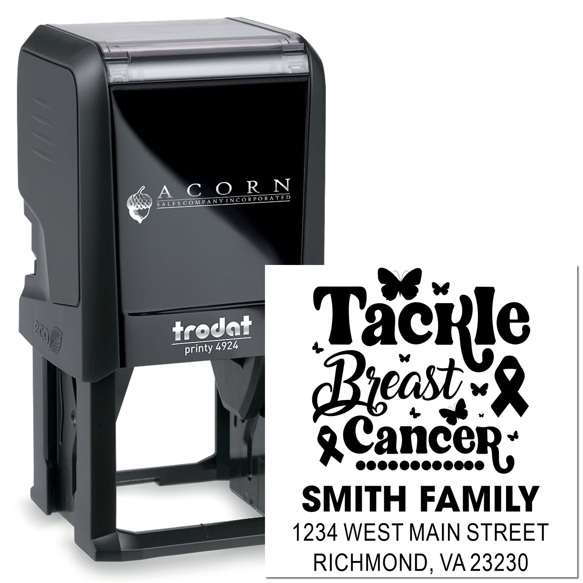 Custom self-inking rubber stamp with Breast Cancer awareness design and Smith Family address, ideal for personalized mailing.