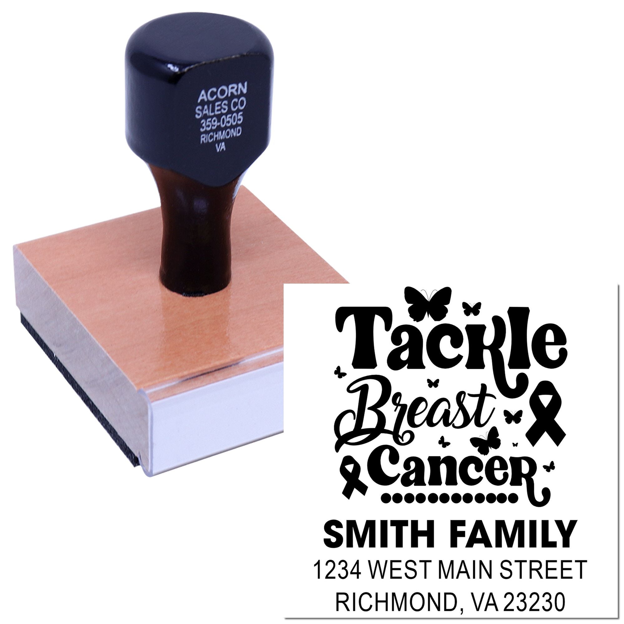 Custom breast cancer awareness return address rubber stamp with family name, street address, and Tackle Breast Cancer design.