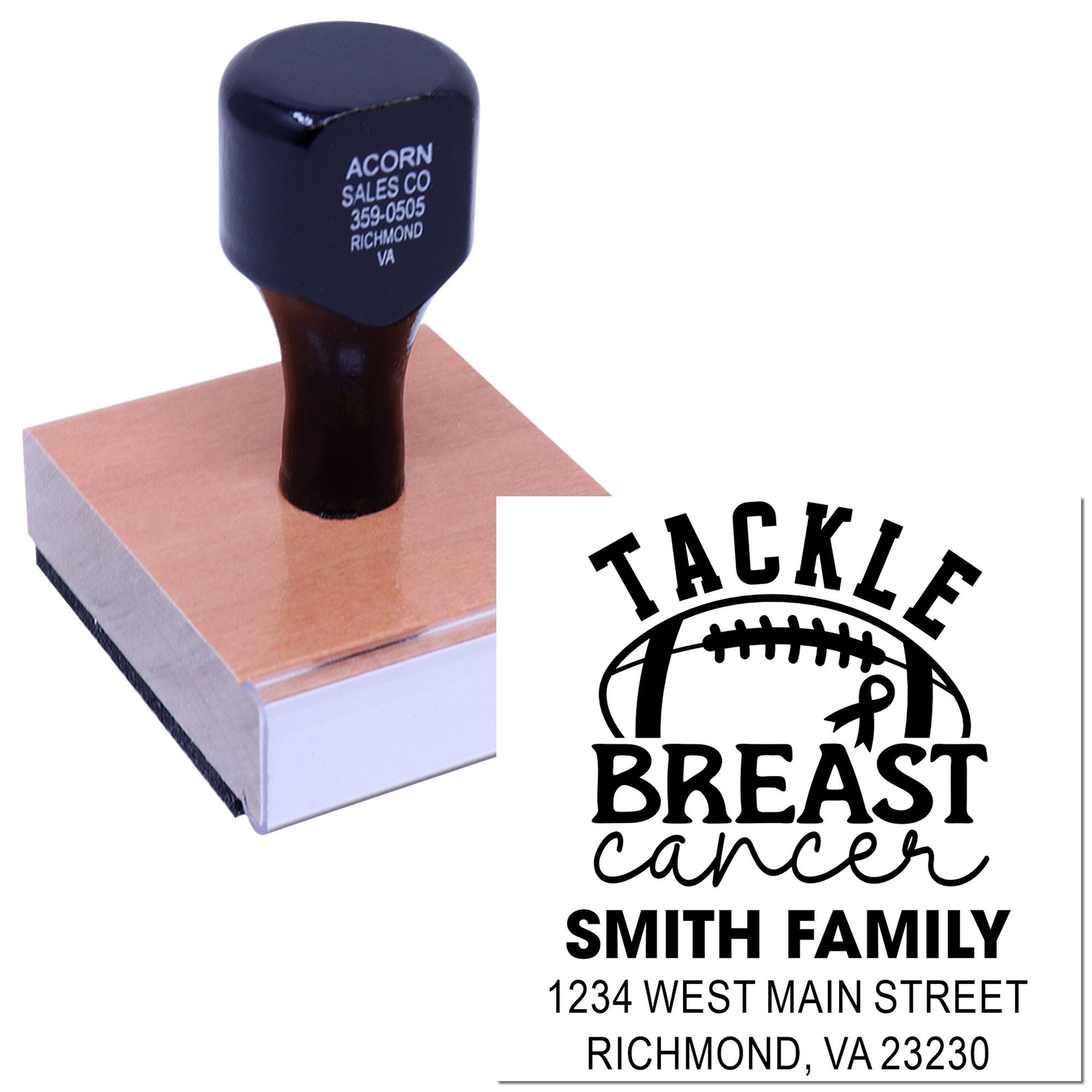 Custom rubber stamp for Breast Cancer awareness featuring the Smith family address and Tackle Breast Cancer logo.