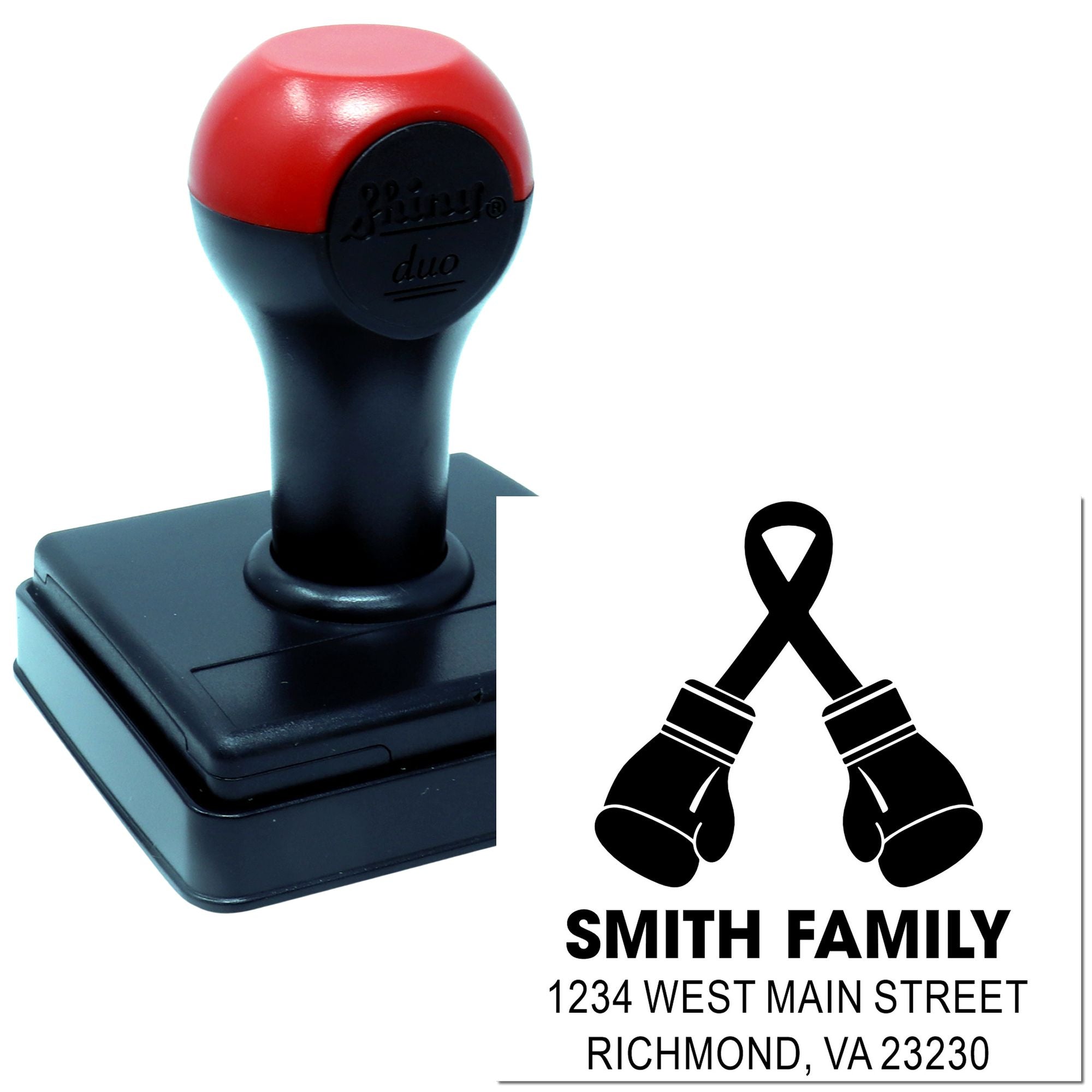Custom self-inking rubber return address stamp with boxing gloves logo for Smith Family mail and envelopes.