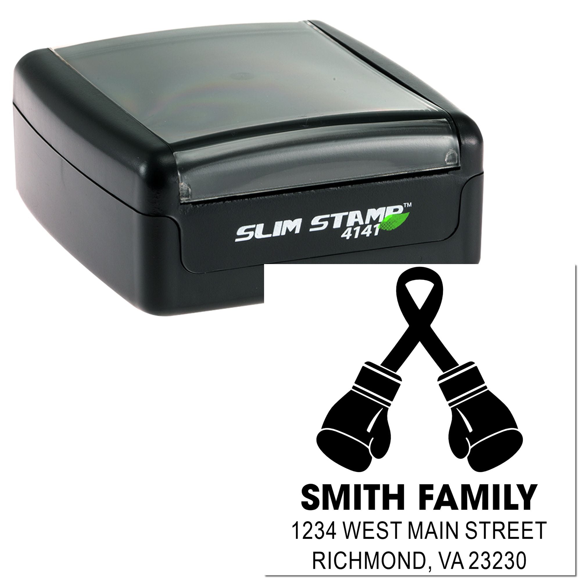 Custom self-inking rubber stamp, Slim Stamp 4141, with personalized family return address and boxing gloves design.