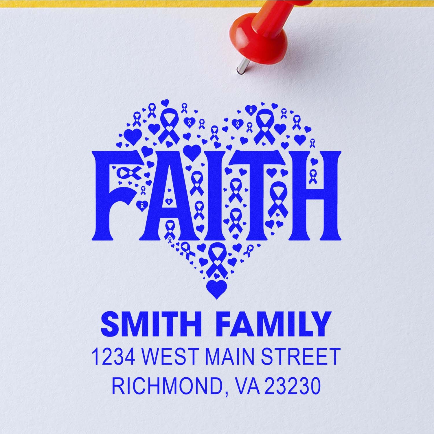 Personalized return address rubber stamp with faith heart and breast cancer awareness ribbon design for Smith Family.