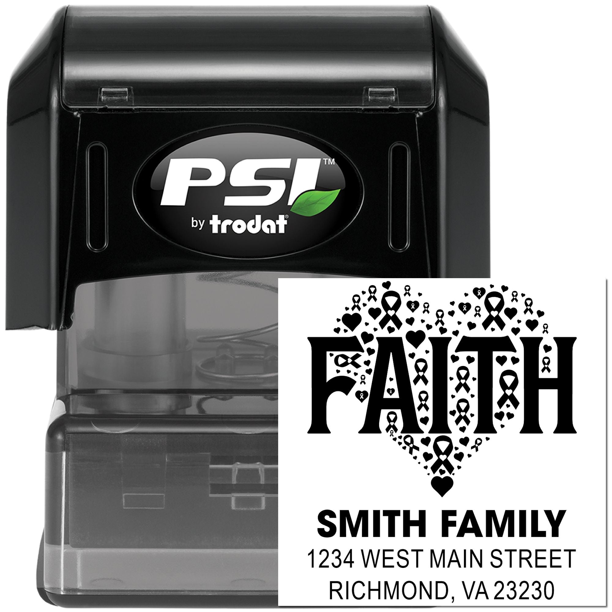 PSI by Trodat personalized faith address rubber stamp with Smith Family name and Richmond, VA address