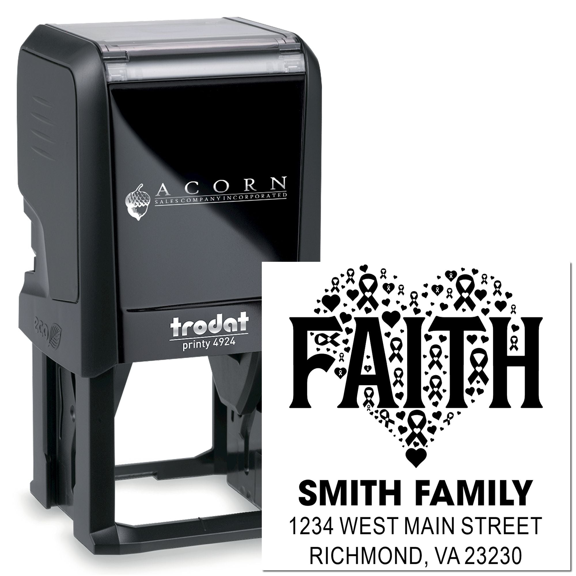 Custom self-inking rubber stamp with faith heart design and family address, ideal for personalized mail and outreach.