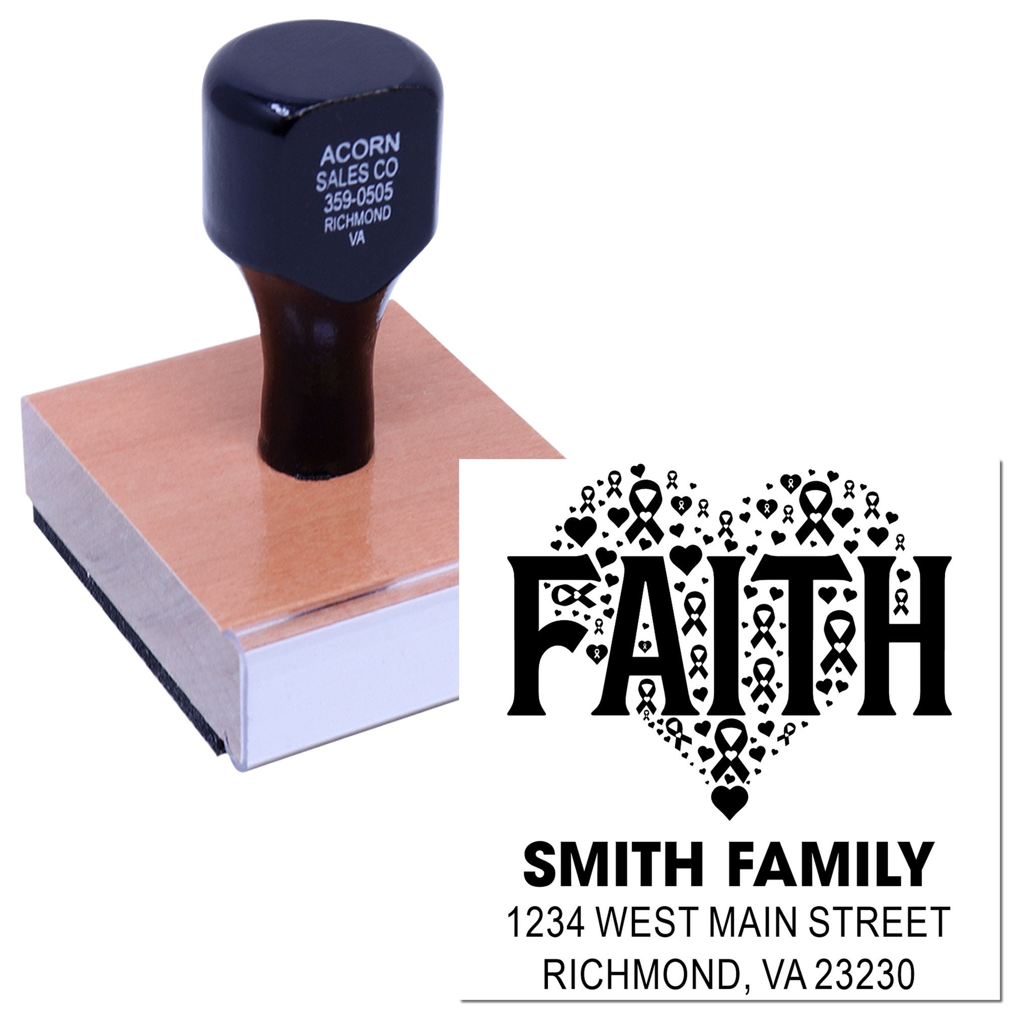 Custom faith return address rubber stamp with heart-and-ribbon design for Smith Family, Richmond, VA 23230.