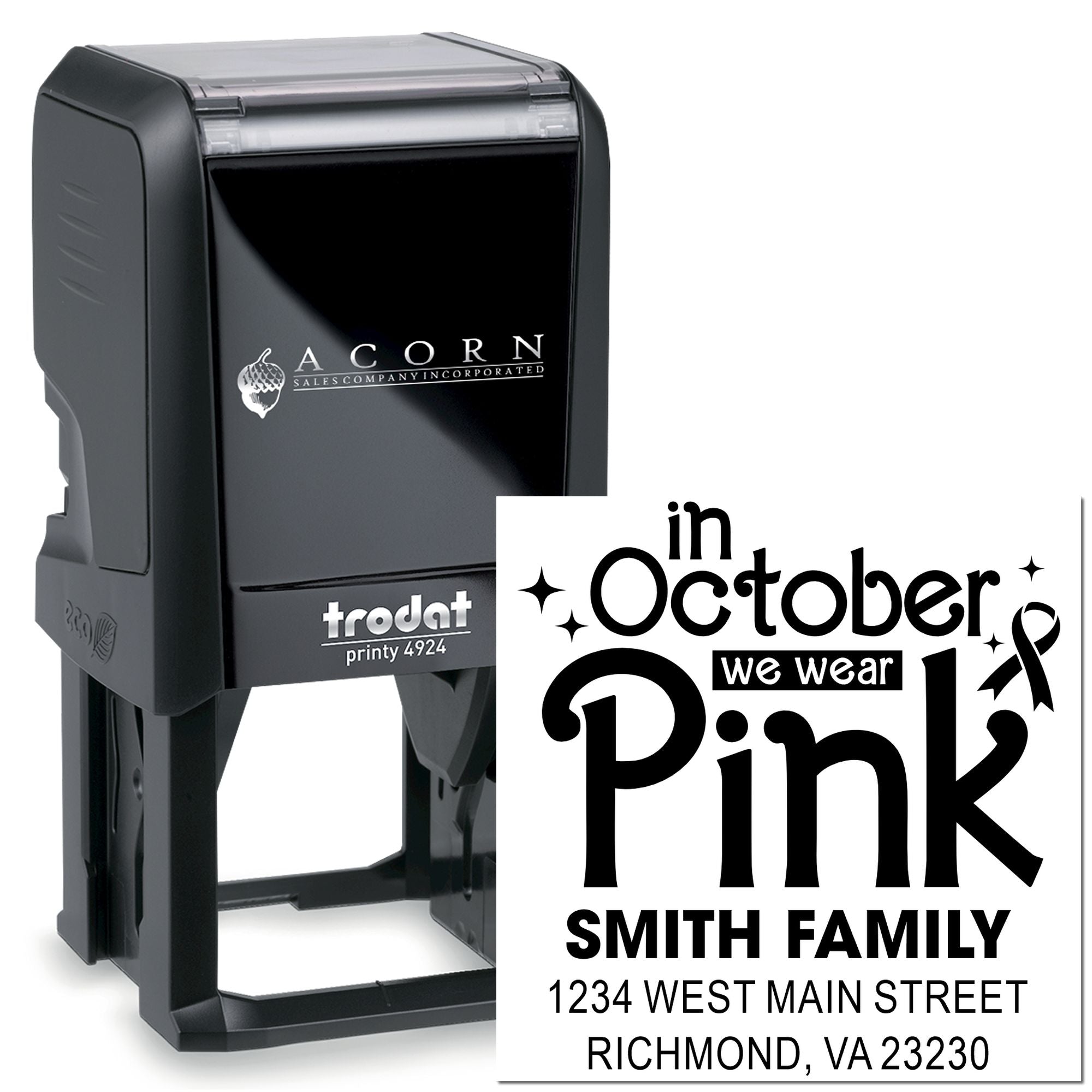 Custom Trodat self-inking rubber stamp with In October We Wear Pink design and family return address for breast cancer awareness.