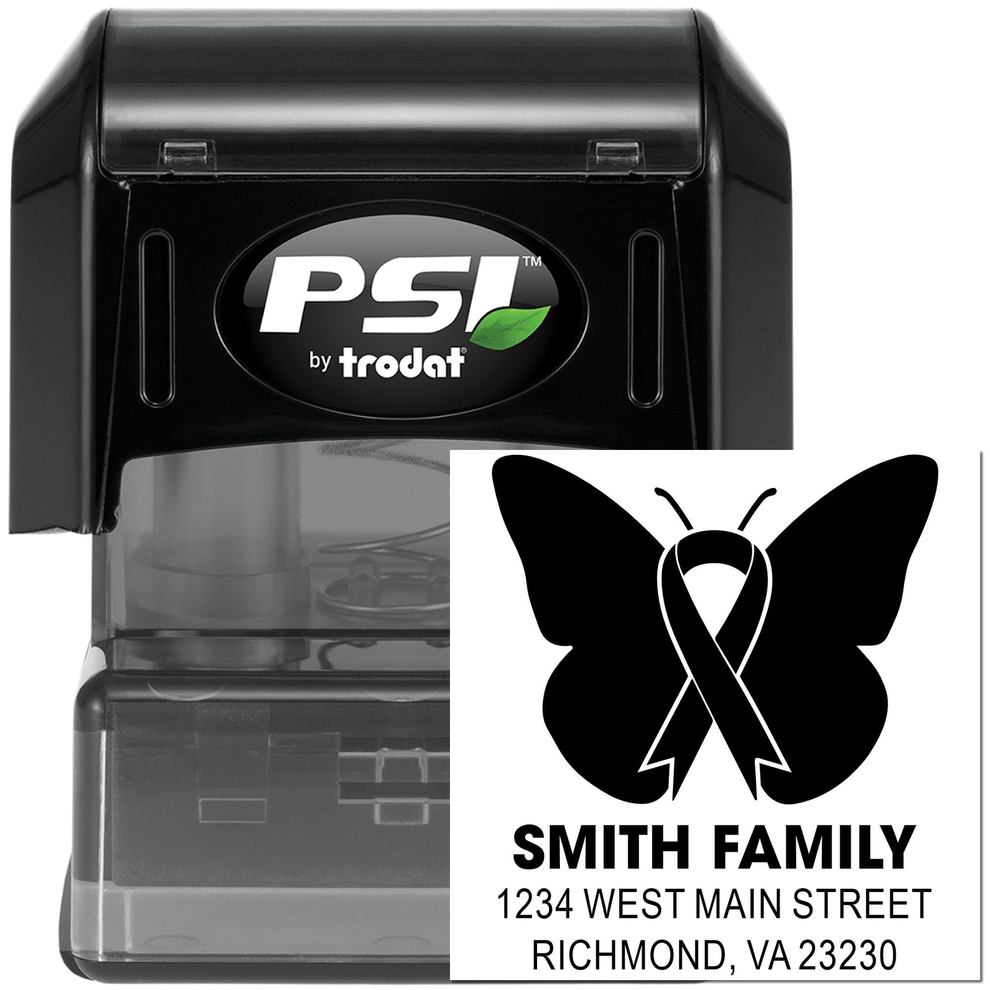 PSI by Trodat custom self-inking rubber stamp with butterfly ribbon design and Smith Family return address for personalized mailings