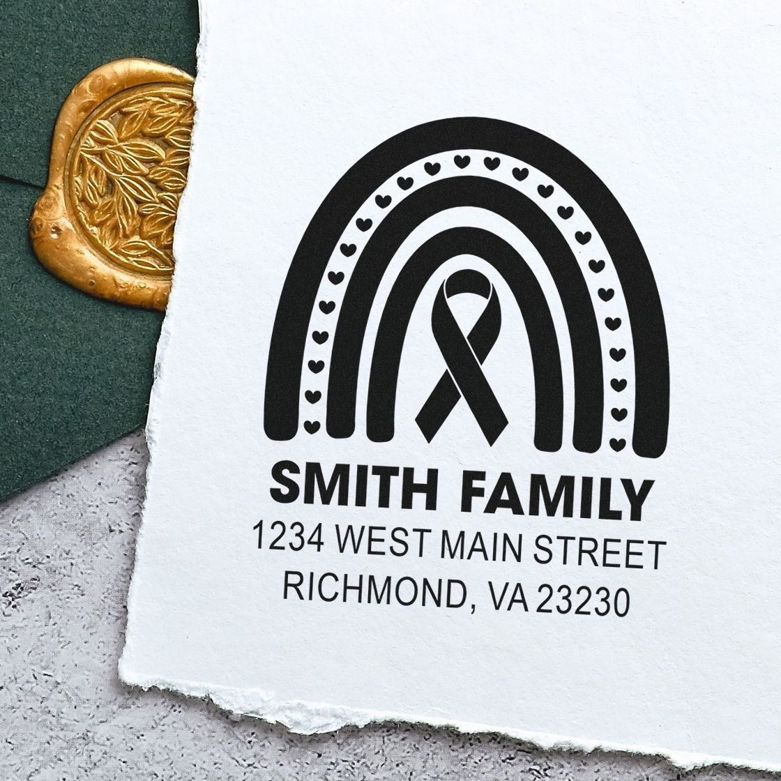 Custom Smith Family return address rubber stamp with rainbow and ribbon design for mailing and wedding invitations.