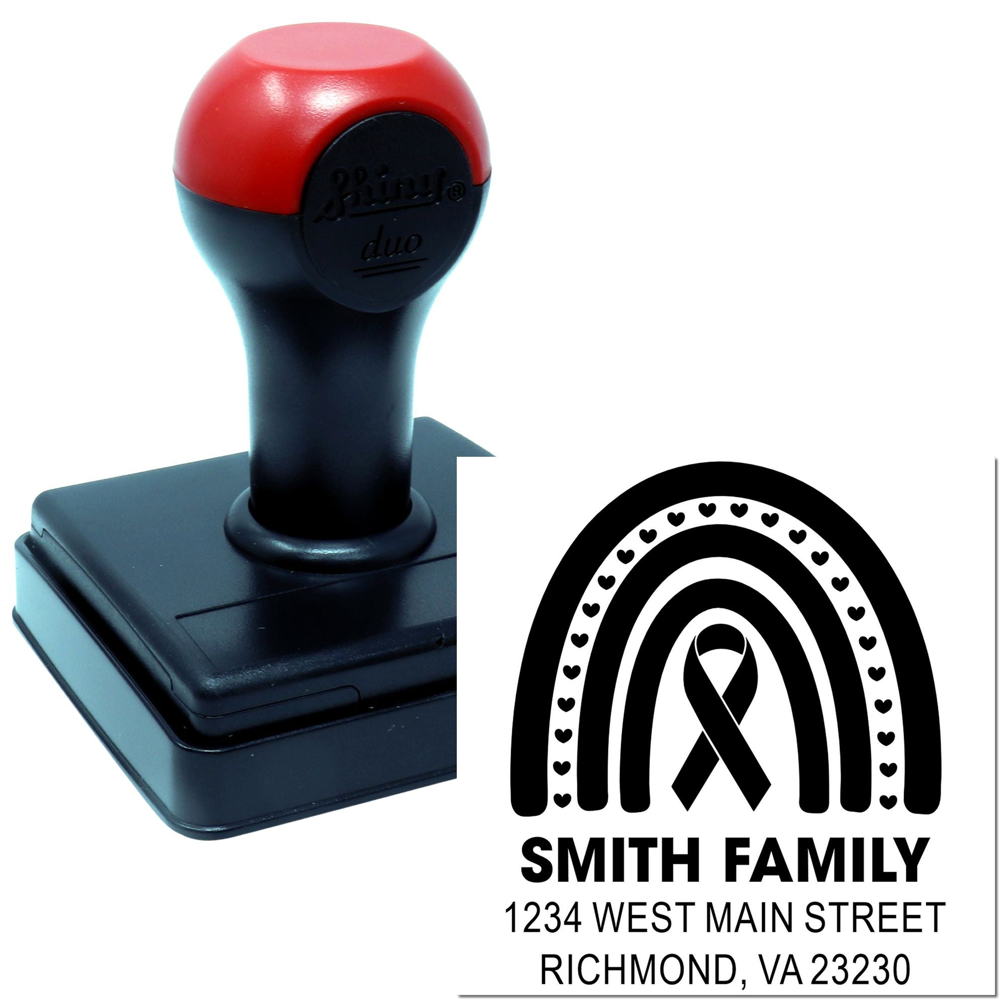 Custom return address rubber stamp with rainbow ribbon design for Smith family, Richmond, VA.
