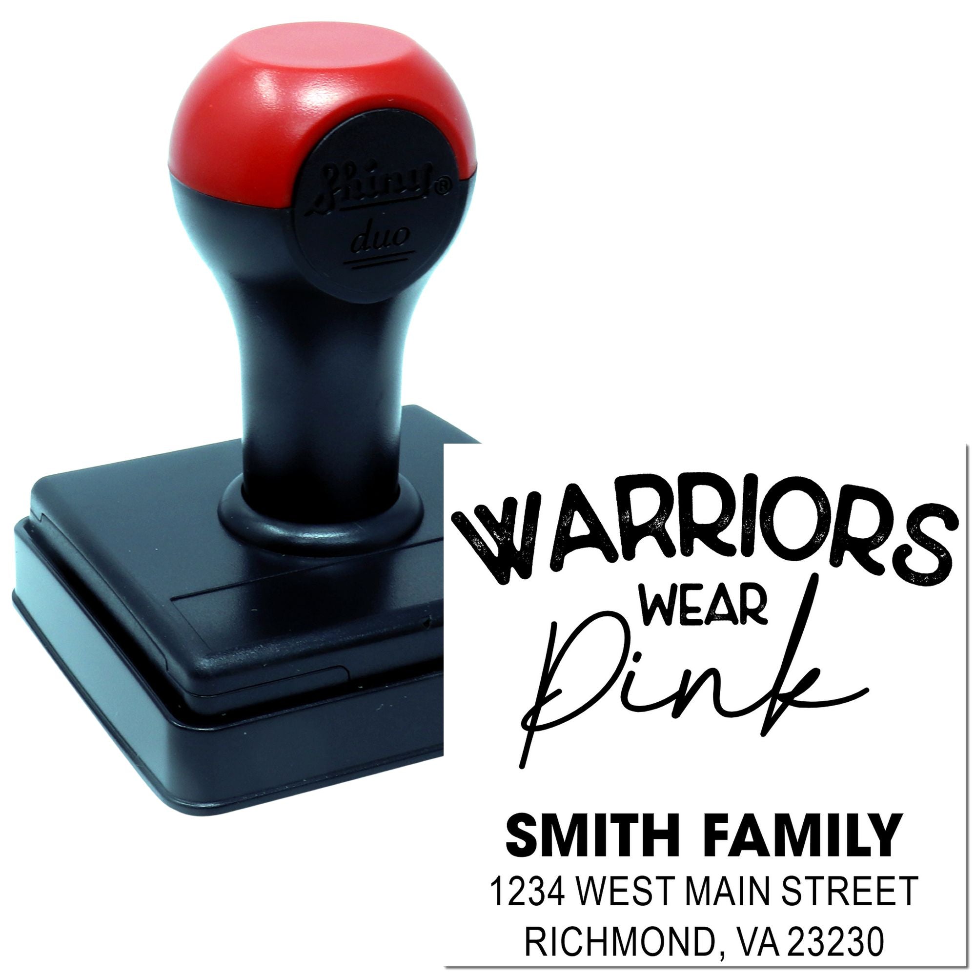 Custom rubber stamp with Warriors Wear Pink design and Smith Family return address for breast cancer awareness.