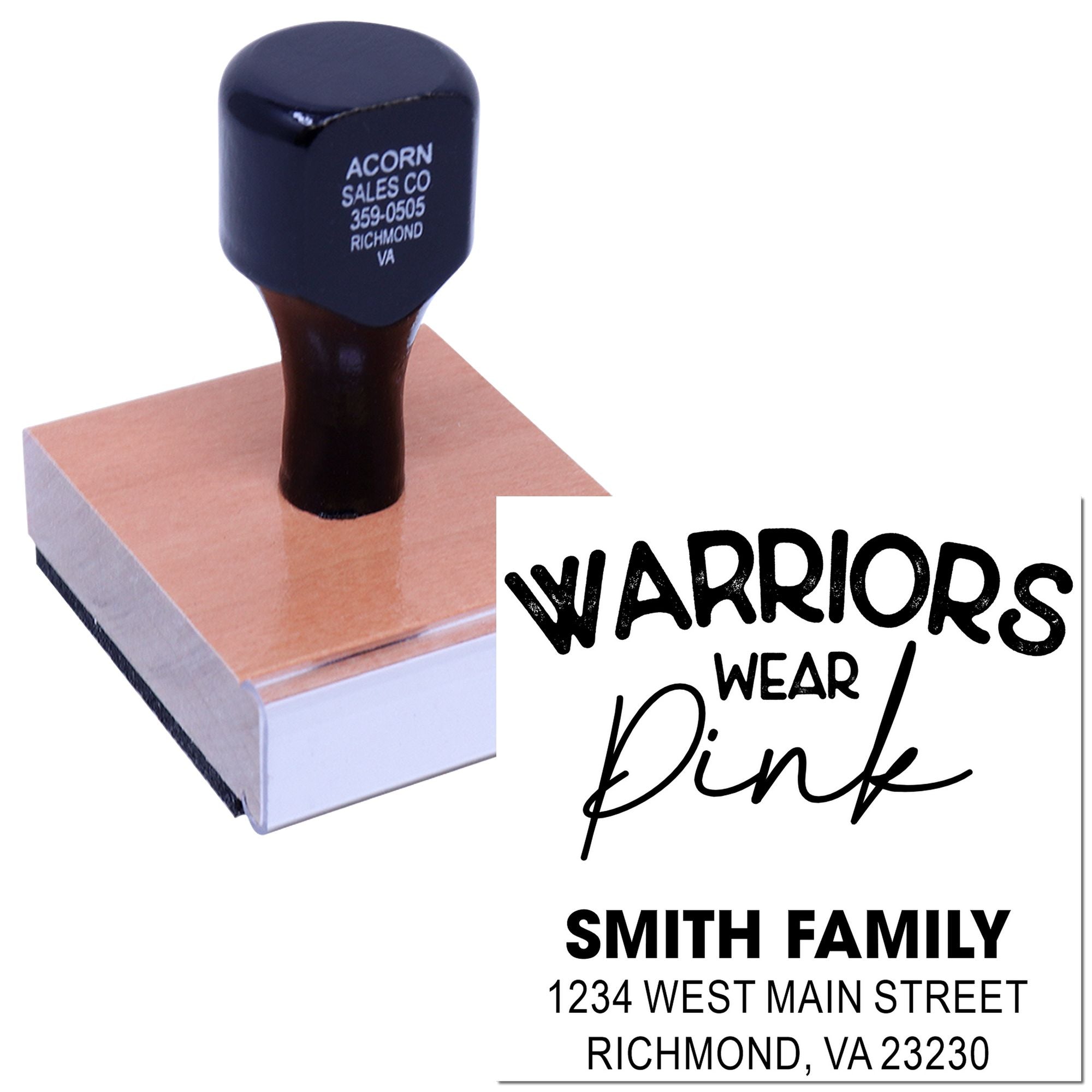 Custom rubber stamp for breast cancer awareness, featuring Warriors Wear Pink and a personalized Smith family address.